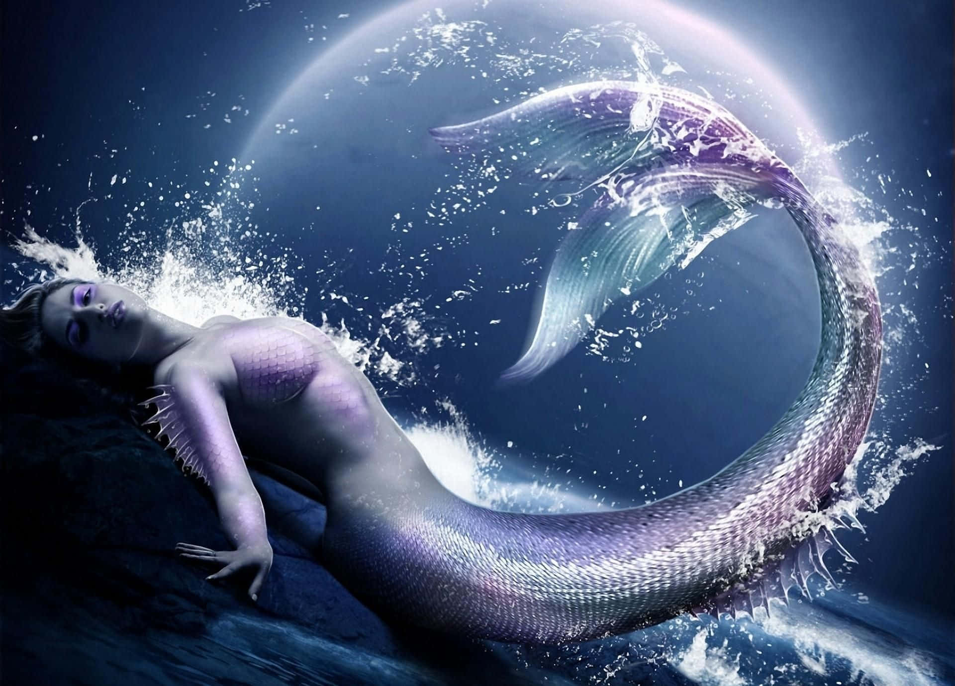 Real Mermaid 桌布 壁紙 — 一條閃爍著紫色尾巴的發光美人魚，優雅地劃過深藍色的海水，周圍環繞著閃閃發光的水滴和一個發光的天體球。