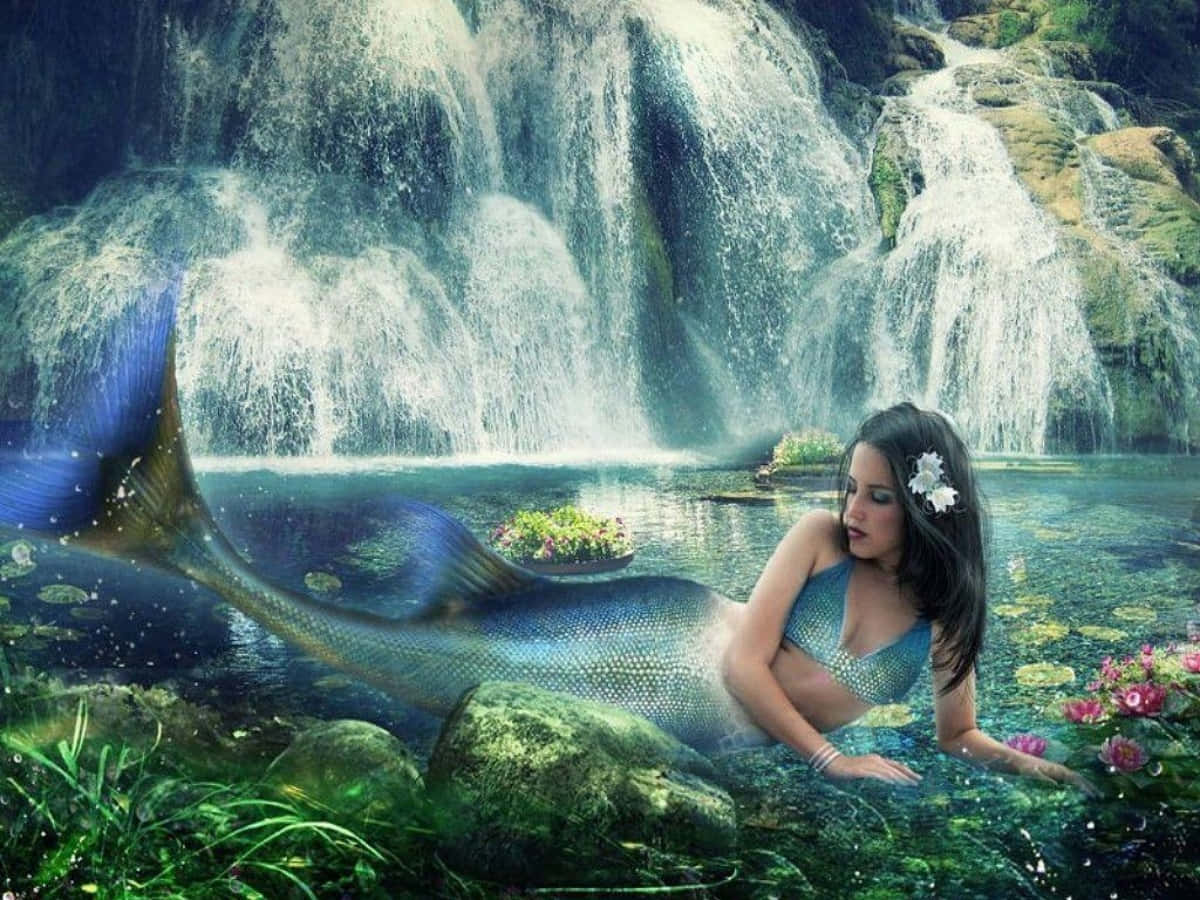 Mermaids 桌布 壁紙 — 一條閃爍著藍色光芒的美人魚在清澈的水中休息，下方是瀑布，周圍環繞著茂密的綠植和漂浮的花朵。