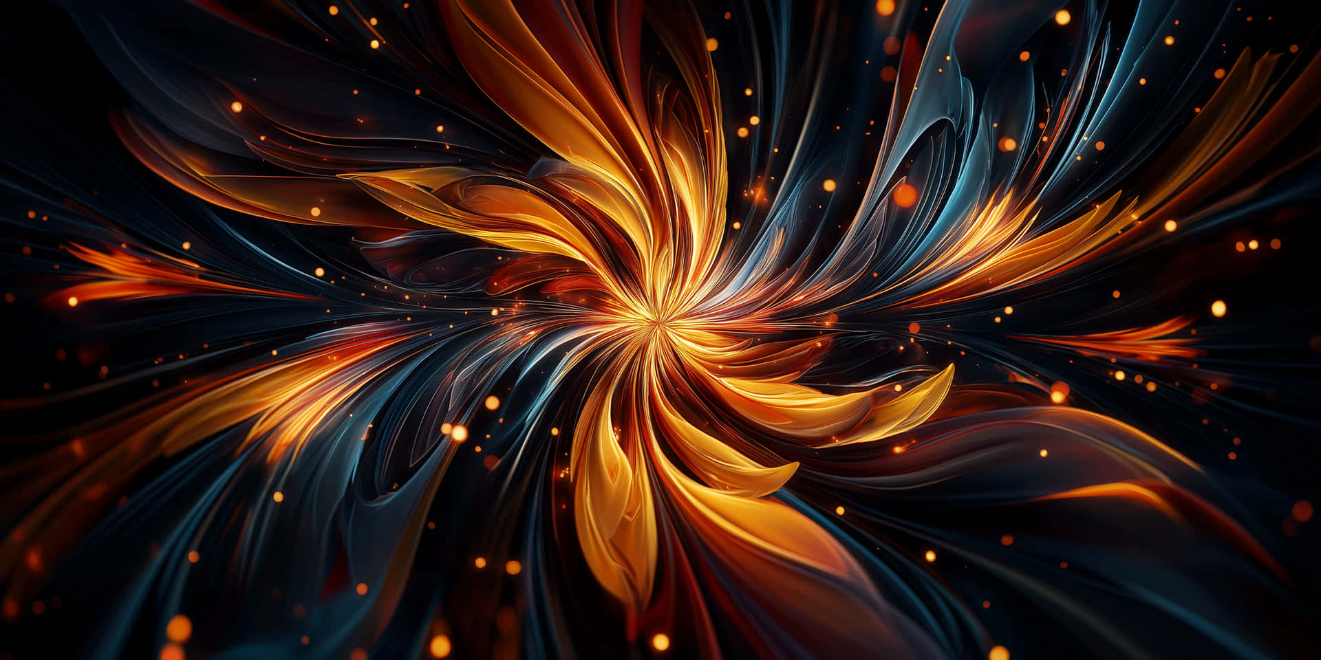 3D Wallpaper Fiery Vortex of Light Trails in Motion 壁紙 — 一條閃耀的金色螺旋在深藍黑色背景上展開，散發著熾熱的橙色火花和流暢的動感。