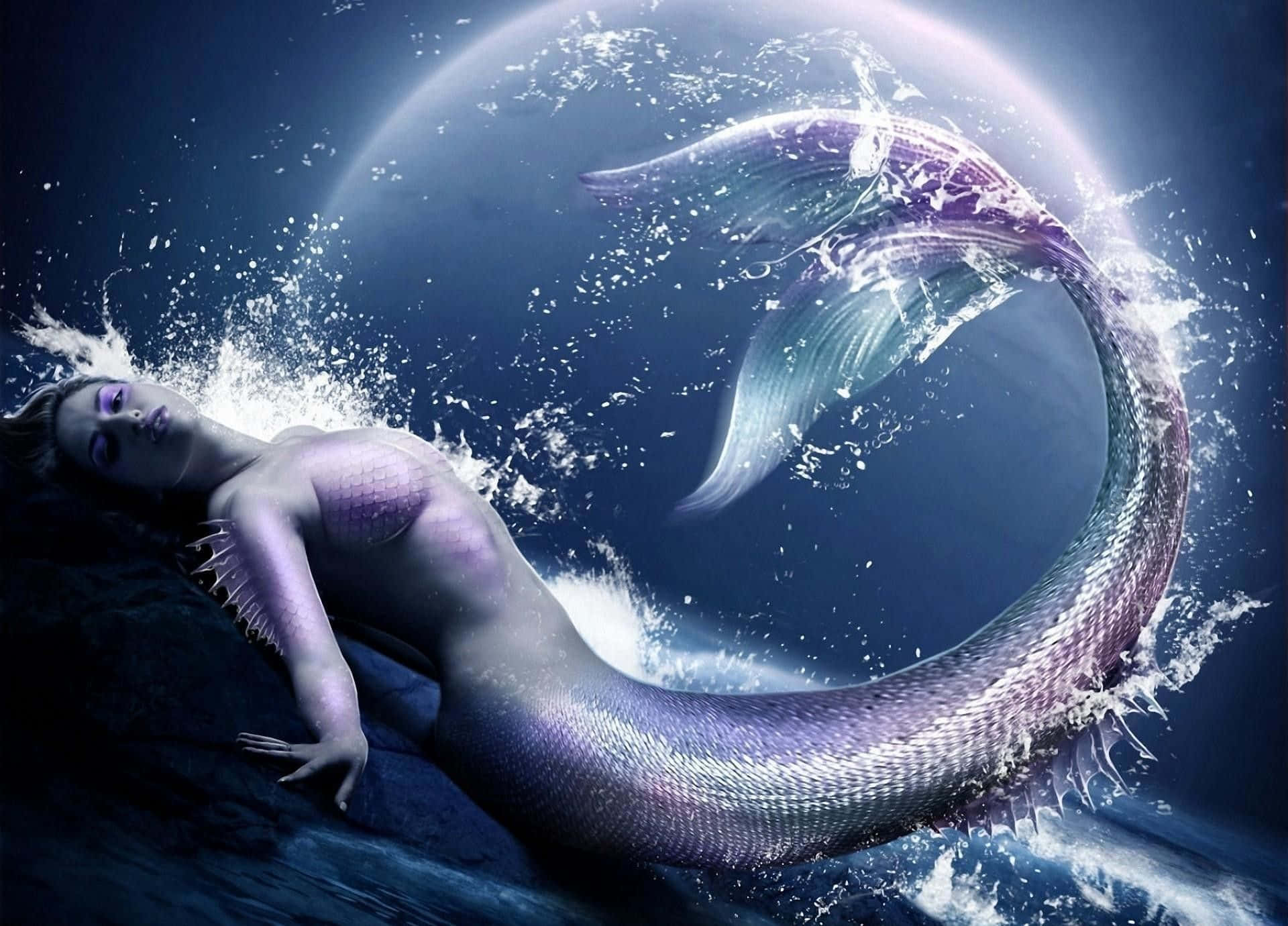 Beautiful Mermaid 桌布 壁紙 — 一條閃閃發光、帶有閃爍紫色尾巴的美人魚，在深藍色的海水中優雅地劃出弧線，周圍環繞著閃爍的水滴和一個發光的天體球。