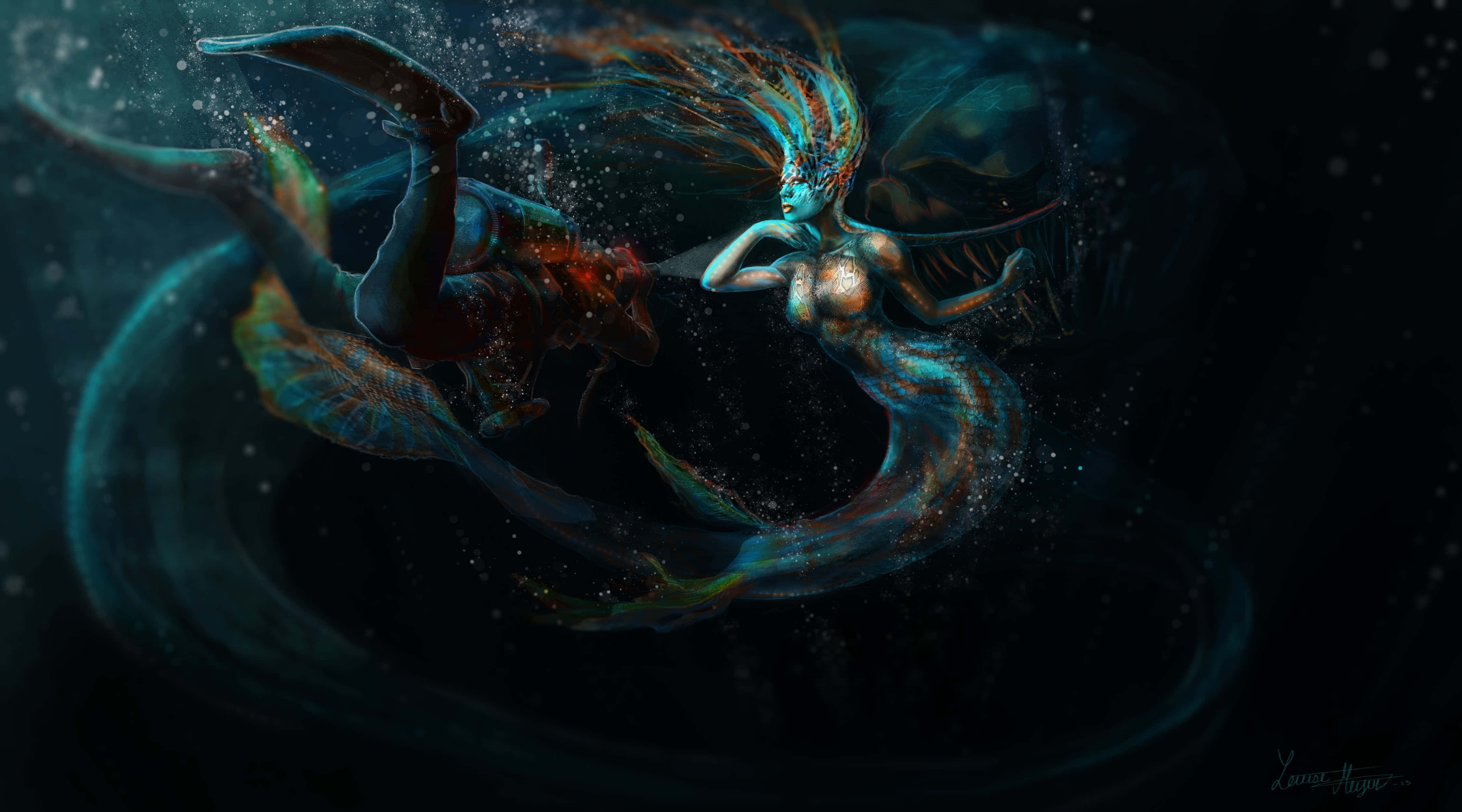 美人魚 桌布 壁紙 — 一條閃閃發光的人魚，擁有飄逸的藍綠色頭髮和彩虹色的尾巴，在黑暗的海洋水域中優雅地游動，周圍環繞著旋轉的微粒和發光的水生生物。