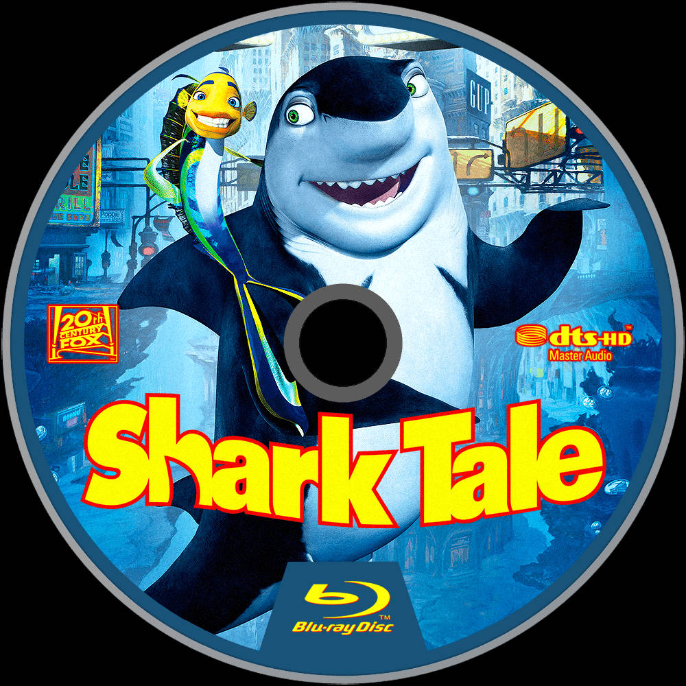 Shark Tale 桌布 壁紙 — 一條開心的動畫鯊魚和一條黃色魚站在繁忙的水底城市景觀中，出現在藍光光碟封面上。