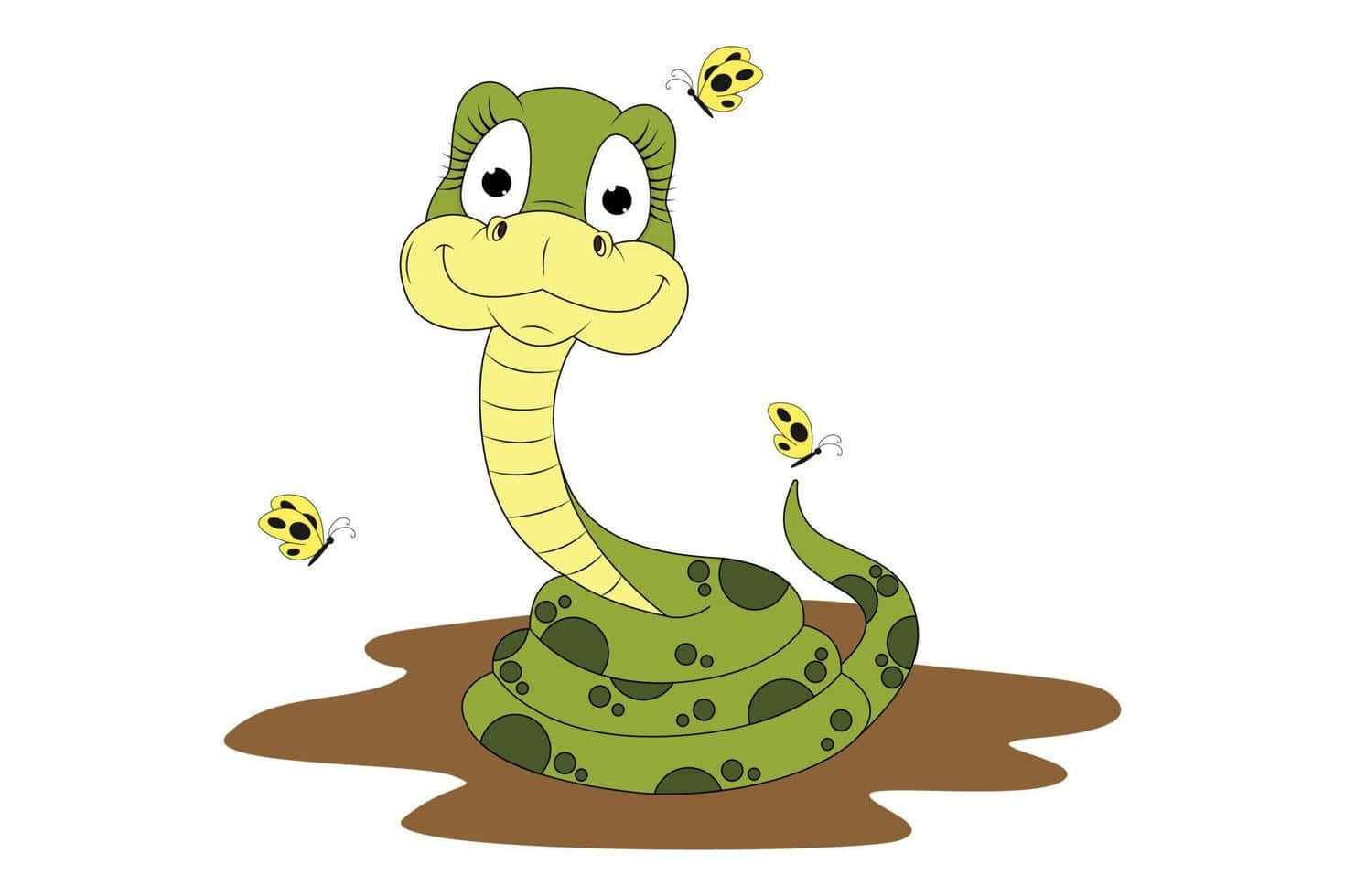 snakes 桌布 壁紙 — 一條開心的卡通綠色蛇，有大眼睛，微笑著，三隻黃色蝴蝶在棕色斑塊上圍繞牠飛舞。