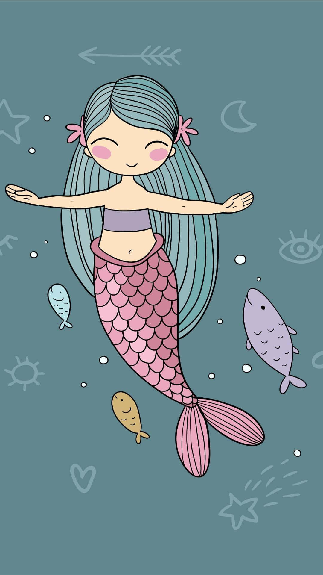 美人魚 桌布 壁紙 — 一條開心的卡通美人魚，擁有青綠色頭髮和粉紅色尾巴，在微笑的魚和奇特的海洋符號中平靜地漂浮。