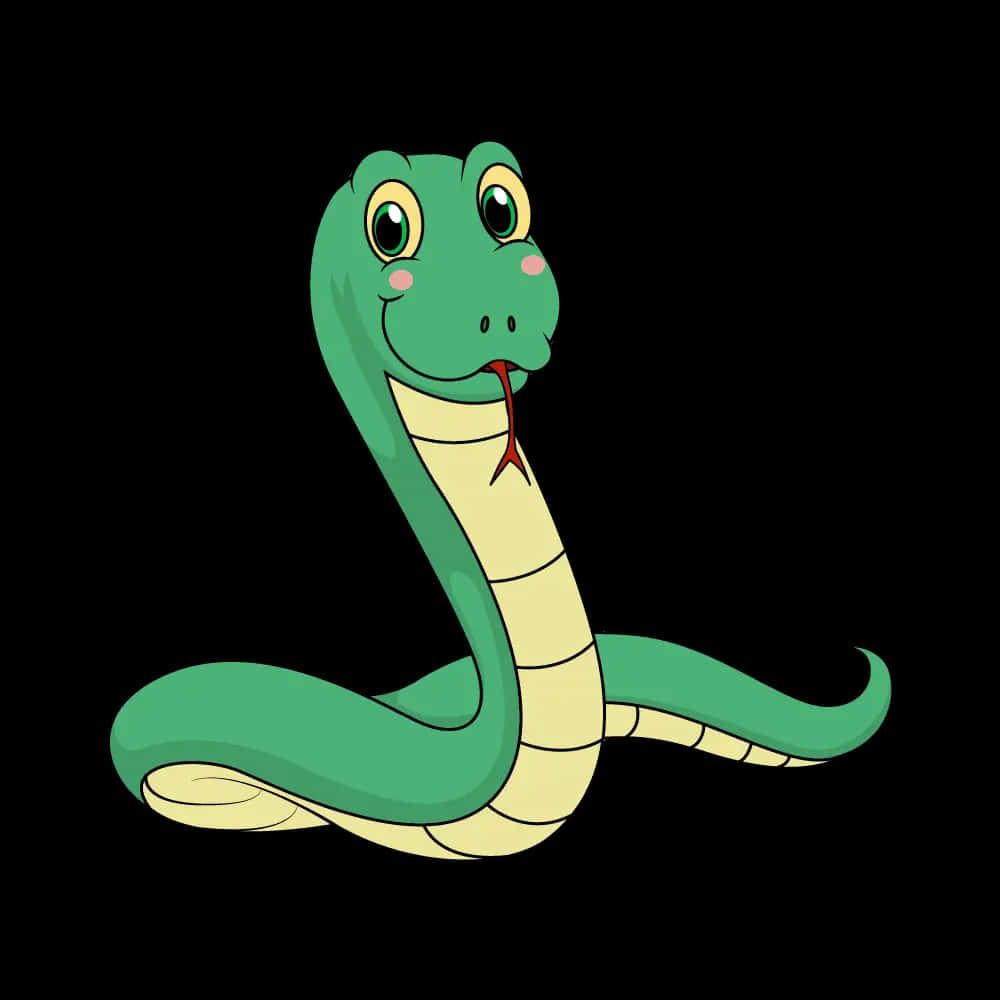 snakes 桌布 壁紙 — 一條開心的卡通蛇，綠色皮膚和黃色腹部，在黑色背景上微笑。