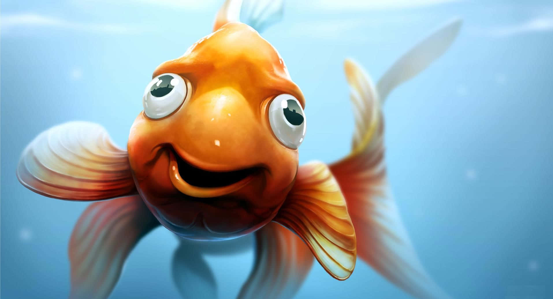Goldfish 桌布 壁紙 — 一條開心的卡通金魚，有大眼睛和寬闊的笑容，在清澈的藍色水中快樂地游動。