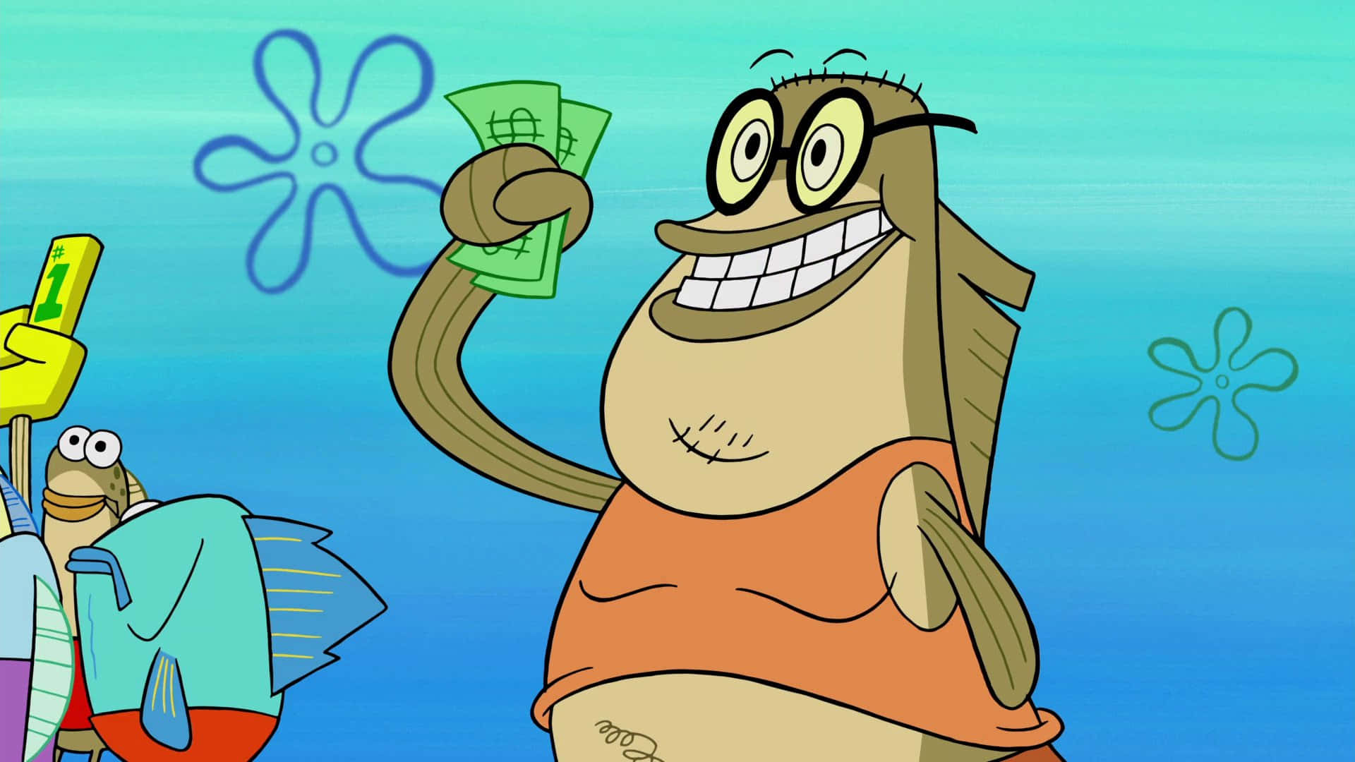 Bubble Bass 桌布 壁紙 — 一條開心的卡通魚，穿著橙色背心，在水下自豪地舉起綠色鈔票，旁邊有一個微笑的朋友。