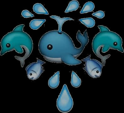Sea Creature 桌布 壁紙 — 一條開心的卡通鯨魚和海豚在黑色背景上濺起充滿活力的藍色水滴。