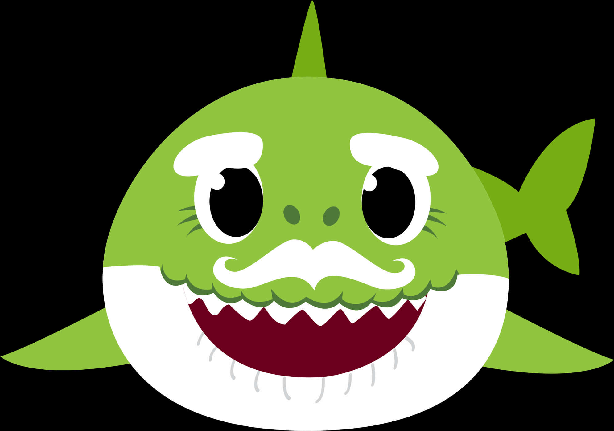 baby shark 桌布 壁紙 — 一條開心的綠色卡通鯊魚，有白色鬍鬚和咧嘴笑，背景是黑色。