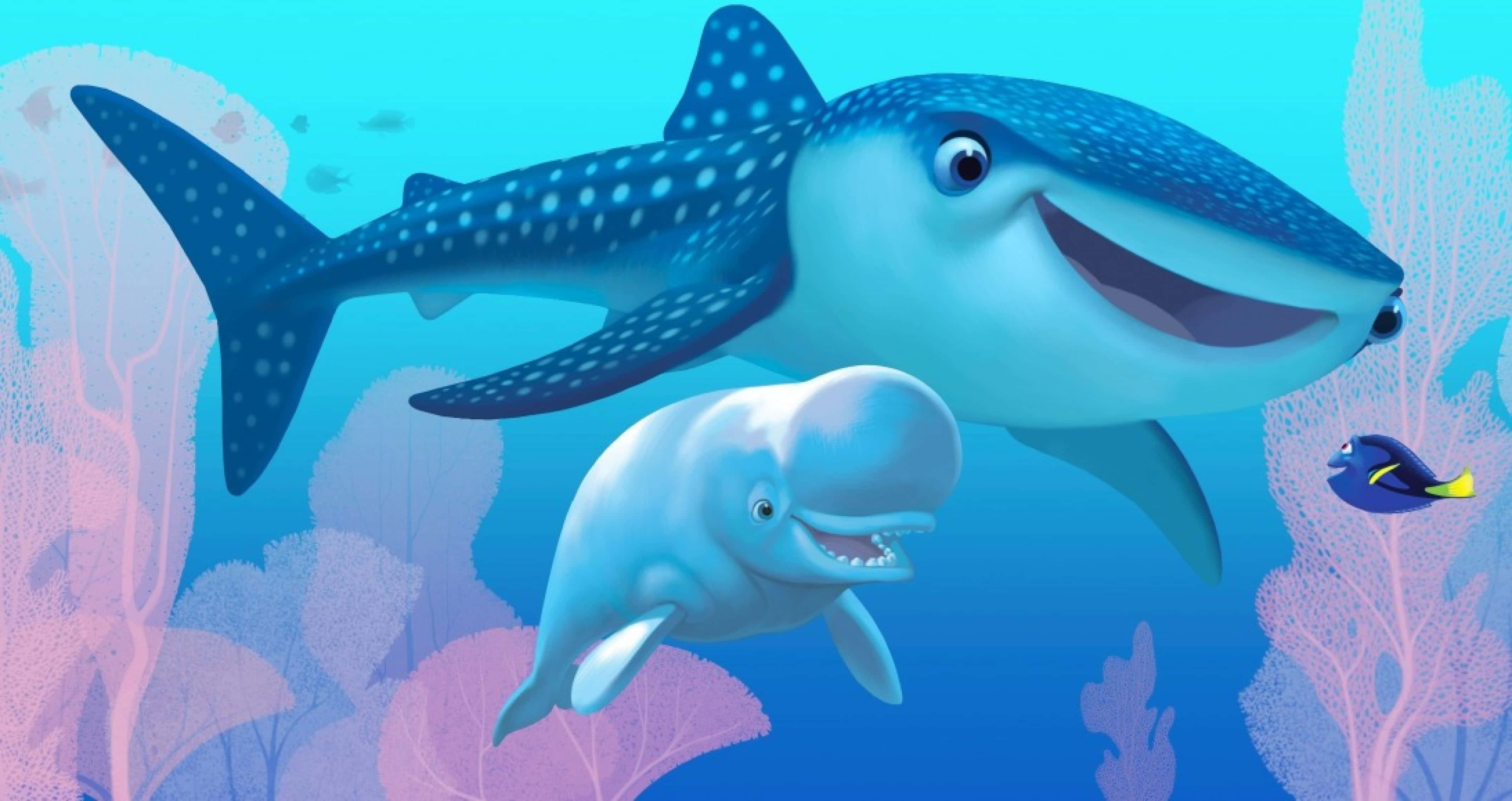 blue whale 桌布 壁紙 — 一條開心的鯨鯊和一條微笑的白鯨一起游泳，旁邊有一條小藍魚，附近有珊瑚，在充滿活力的藍色水中。
