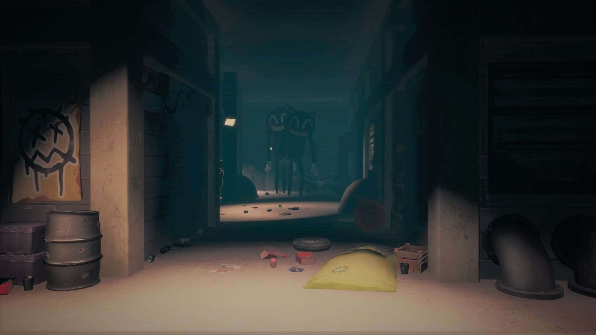 Cartoon Cat Scary 桌布 壁紙 — 一條陰暗詭異的小巷，盡頭站著一個陰森的身影，周圍滿是垃圾和塗鴉。