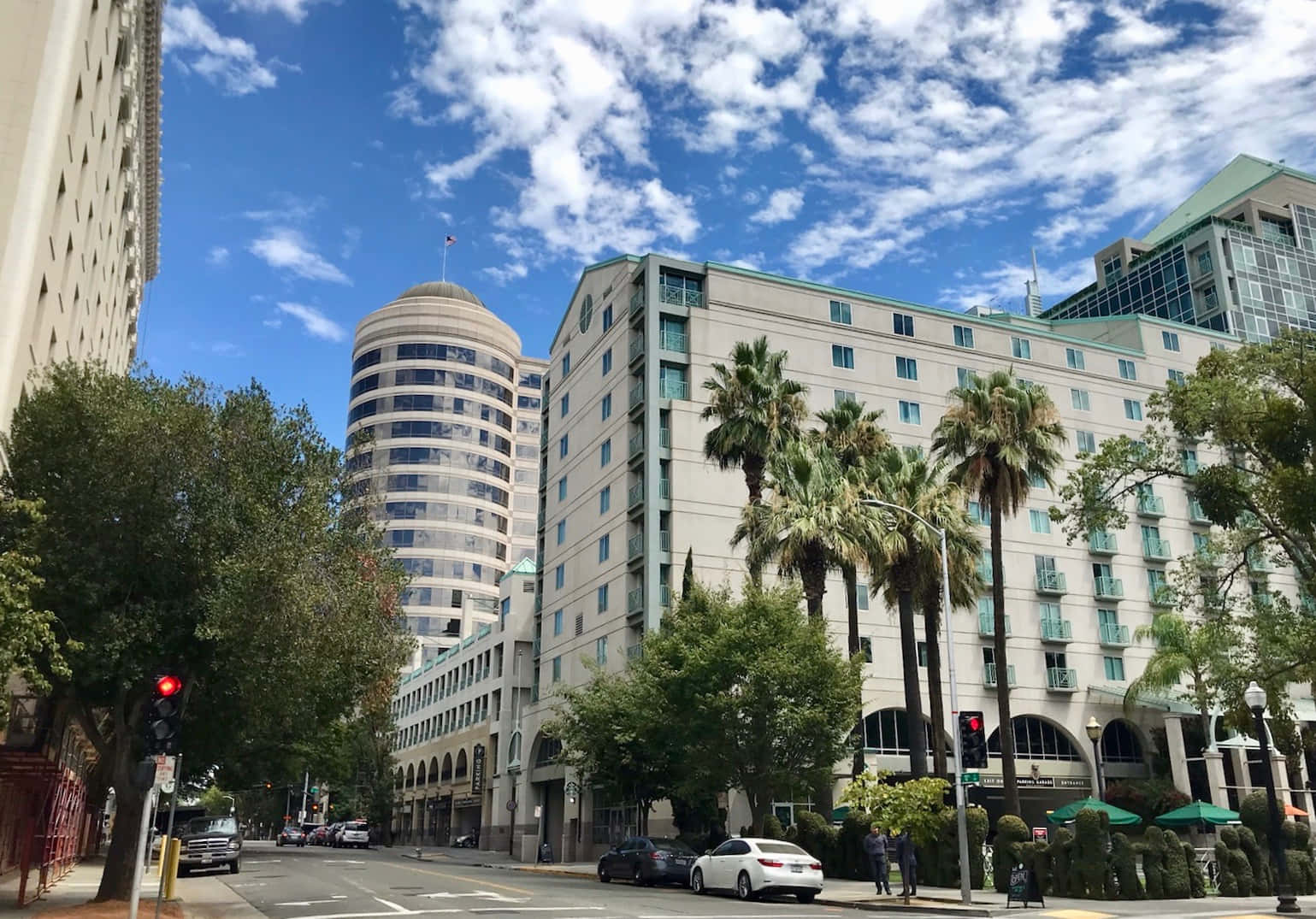 Sunny Day 桌布 壁紙 — 一條陽光明媚的城市街道，兩旁種滿棕櫚樹和現代建築，頭頂是明亮的藍天，白雲點綴其間。