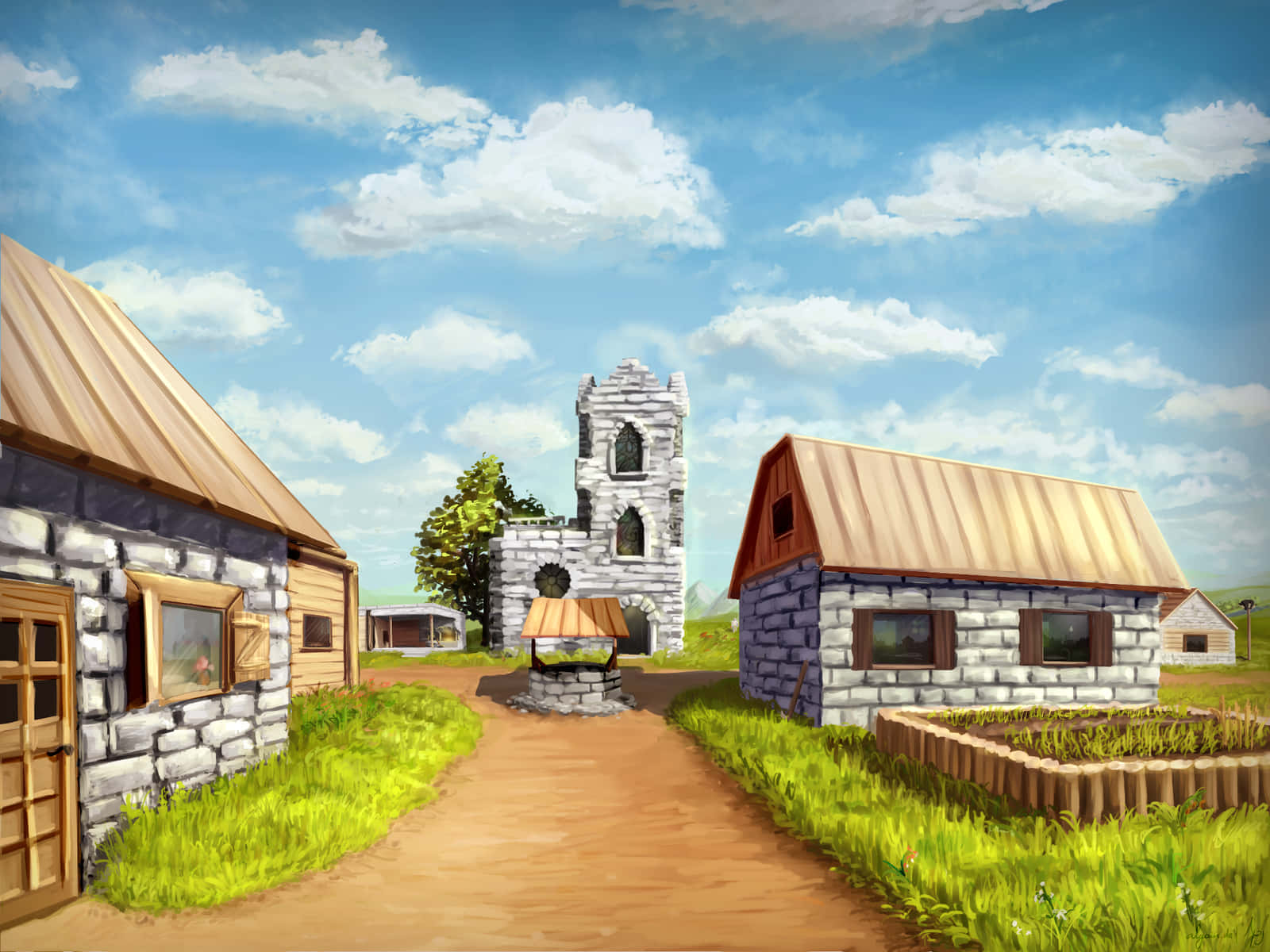 Village 桌布 壁紙 — 一條陽光明媚的村莊小徑經過石頭小屋，通往一座搖搖欲墜的教堂塔樓，天空湛藍，白雲朵朵。
