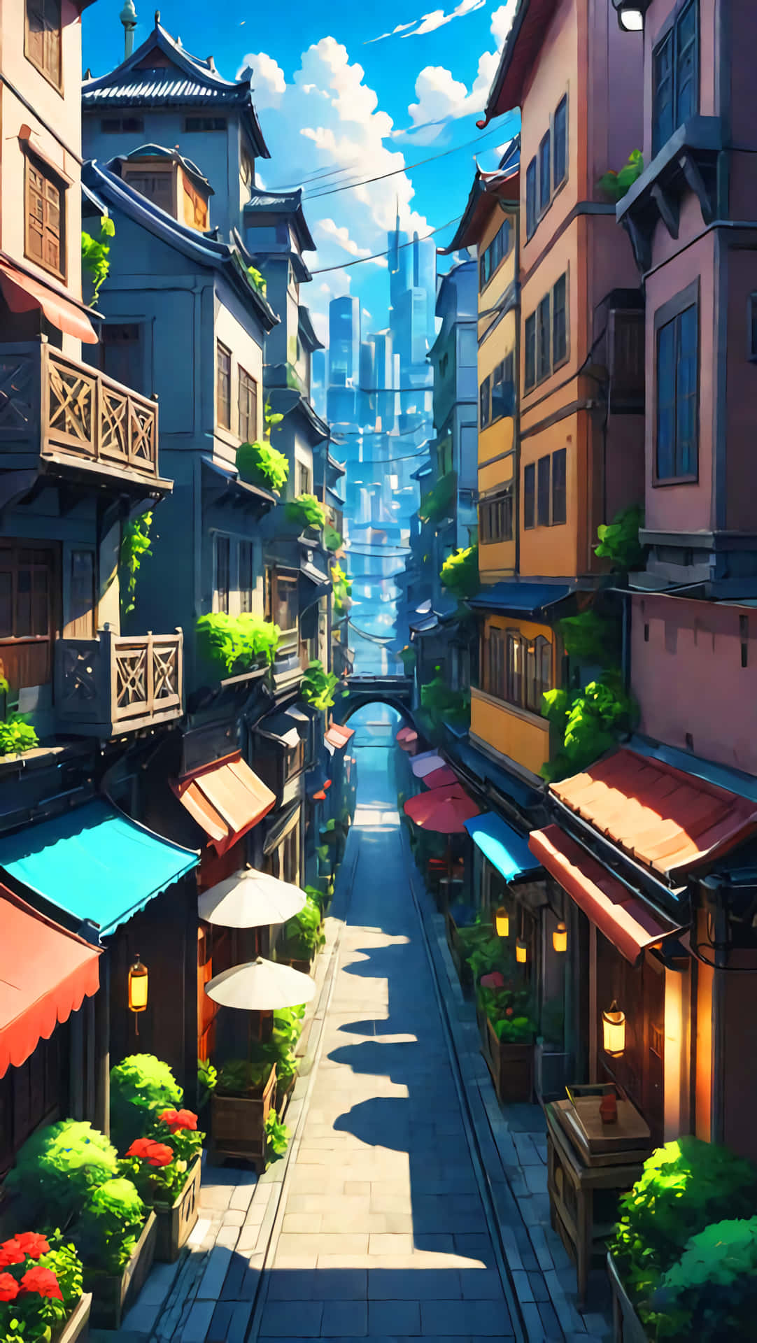 Colorful Anime Cityscape Wallpaper 壁紙 — 一條陽光明媚的狹窄小巷，兩旁是傳統建築和鮮豔的遮陽篷，通往未來主義的城市天際線。