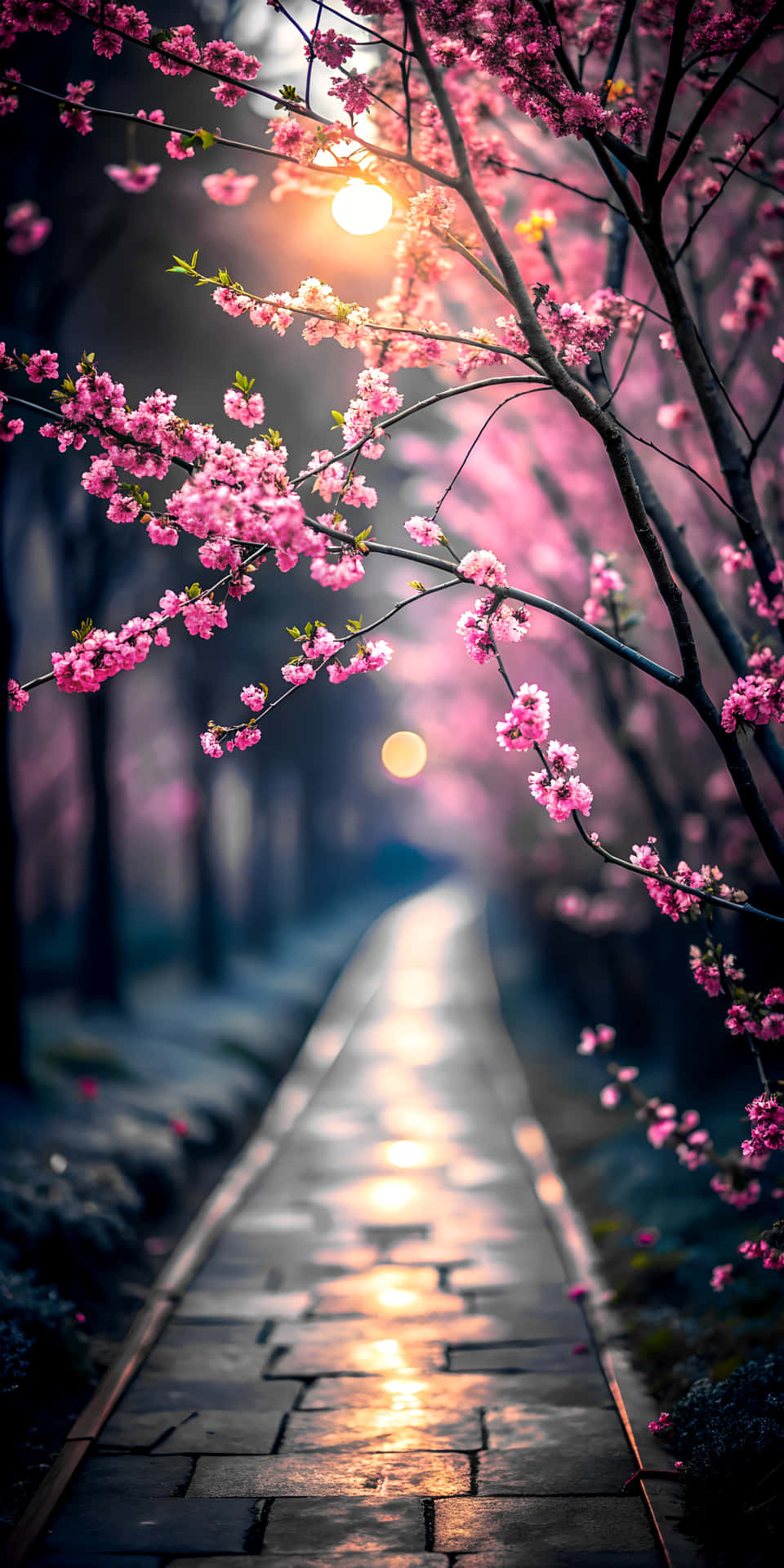 Elegant Shining Pink Floral Branch Over Blurred Dark Gray Pathway 壁紙 — 一條陽光明媚的石徑蜿蜒穿過粉紅櫻花隧道，背景中柔和的散景燈光閃爍。