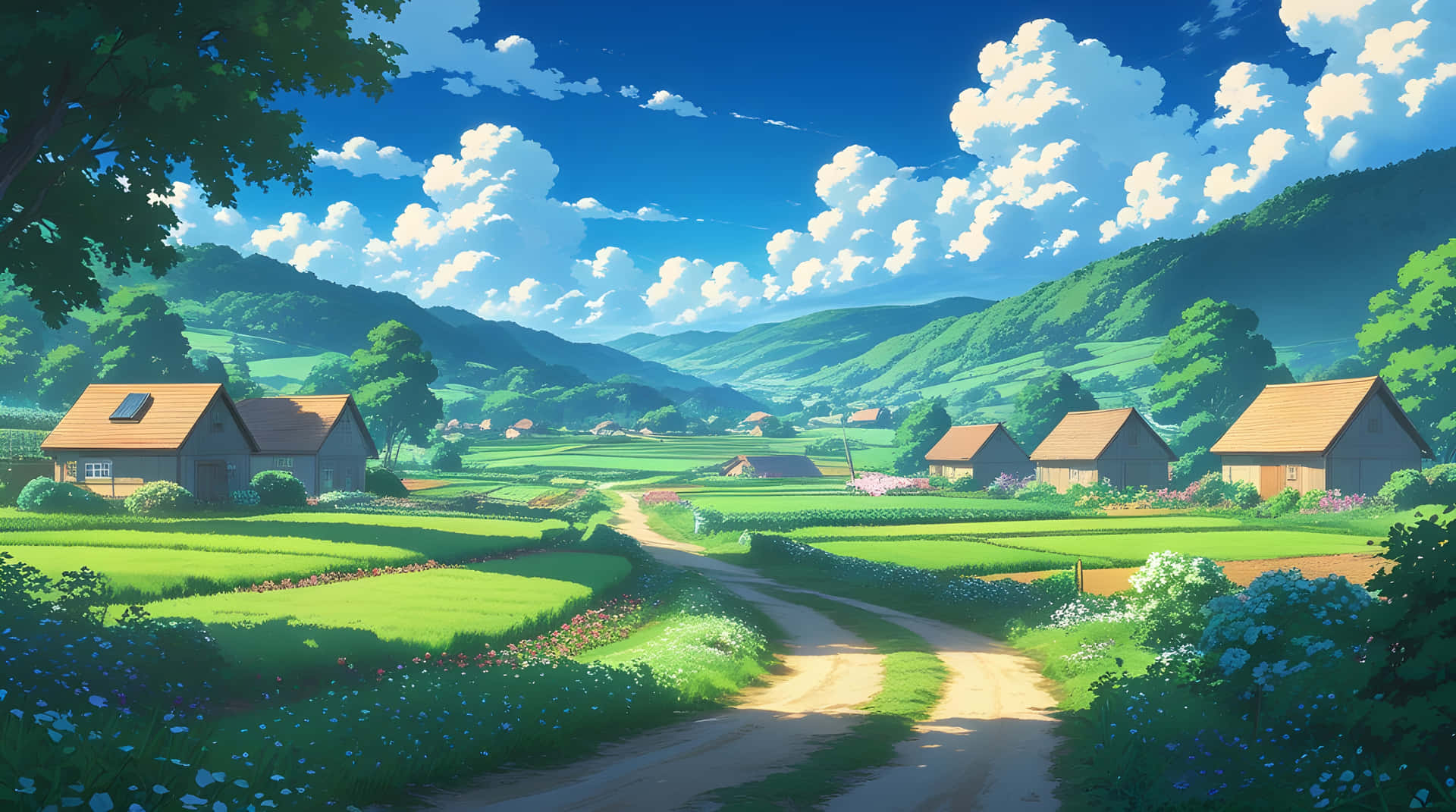 The beautiful village with natural view wallpaper 壁紙 — 一條陽光明媚的鄉間小路蜿蜒穿過充滿活力的綠色田野，經過木屋，在明亮的藍天下有蓬鬆的白雲。