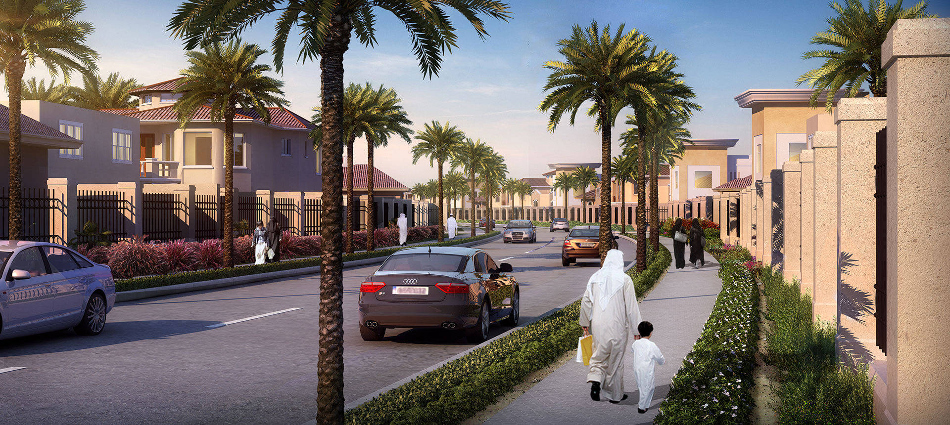 Qatar 桌布 壁紙 — 一條陽光普照的住宅街道，兩旁種滿棕櫚樹和現代別墅，一名女子和小孩正沿著人行道散步。