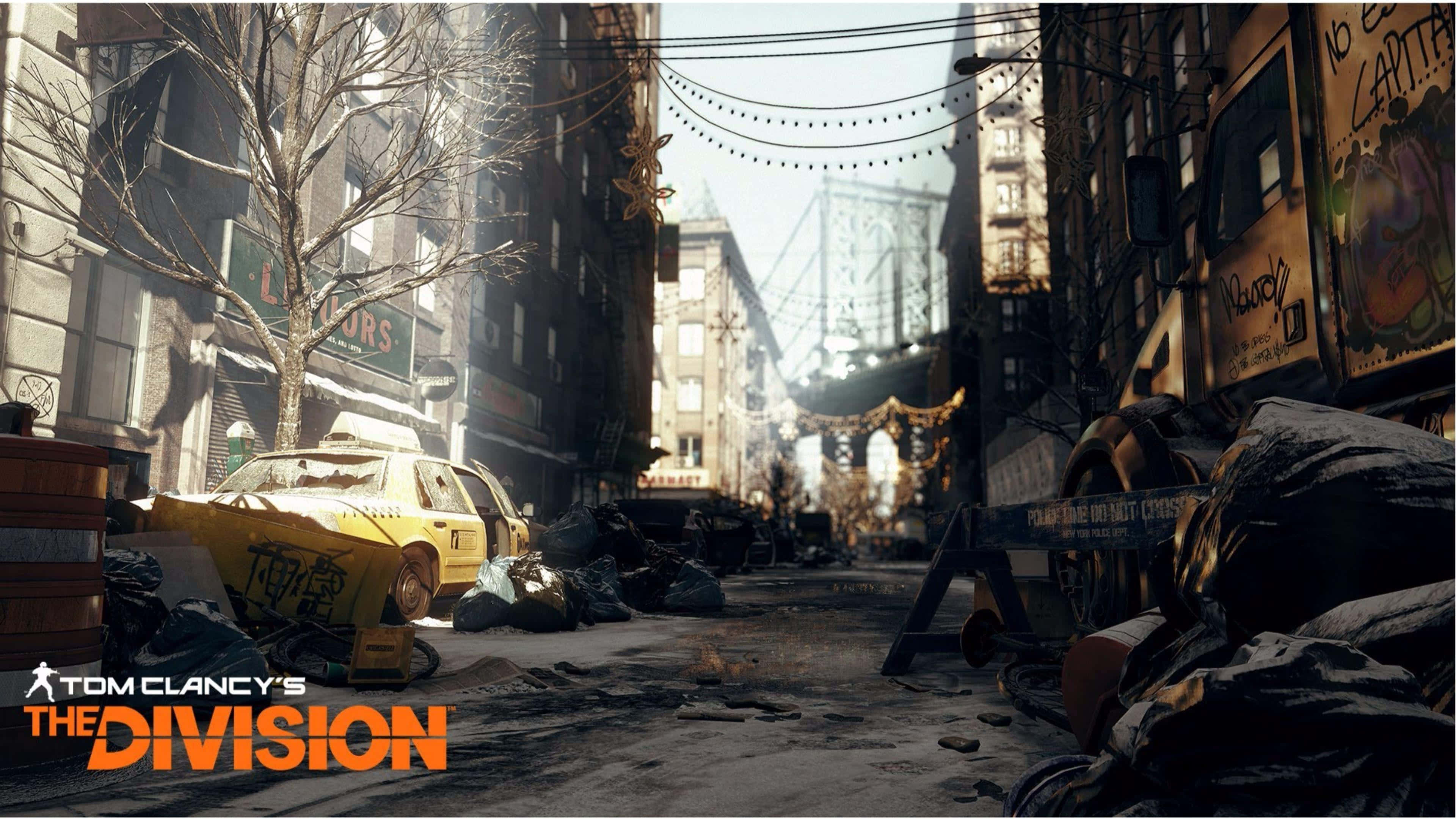 The Division Desktop 桌布 壁紙 — 一條陽光普照的城市小巷，充滿瓦礫和廢棄車輛，天空晴朗。