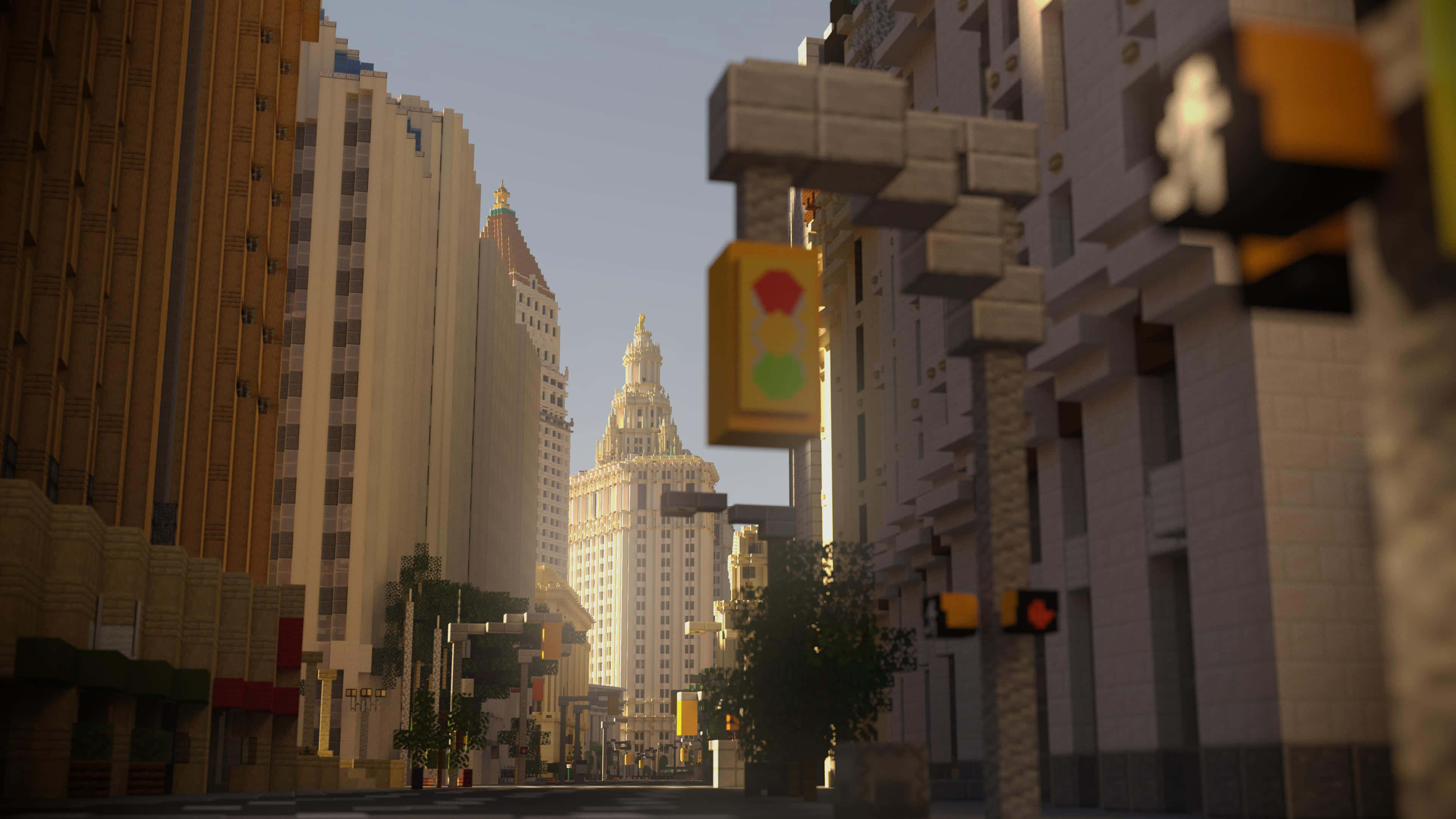 Minecraft City 桌布 壁紙 — 一條陽光普照的城市街道，以積木式LEGO風格呈現，有高聳的建築物和交通號誌。