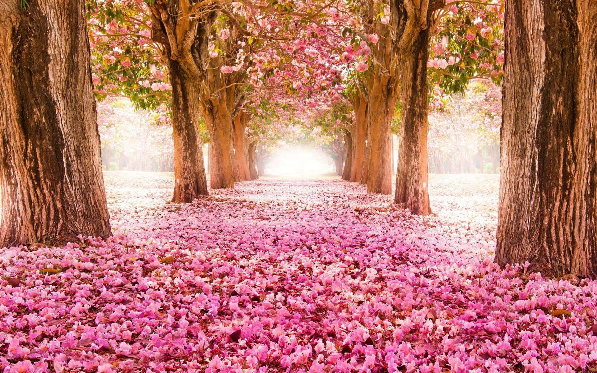 Spring Nature 桌布 壁紙 — 一條陽光普照的小徑，兩旁開滿粉紅色的樹木，地上鋪滿落下的花瓣，營造出夢幻般的春天隧道。