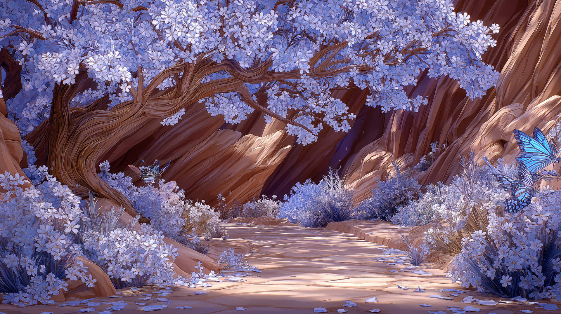 Enchanted Forest Path with Glowing Flora and Butterflies 壁紙 — 一條陽光普照的小徑蜿蜒穿過峽谷，峽谷中鋪滿了薰衣草花和藍色蝴蝶，上方是開花的樹冠。