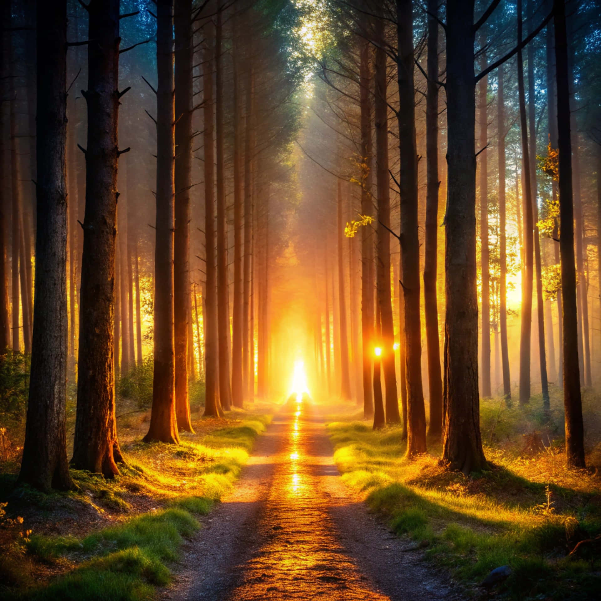 A forest path with a bright line 壁紙 — 一條陽光普照的小徑蜿蜒穿過茂密的森林，高大的樹木投下長長的影子，金色的光線穿過迷霧。