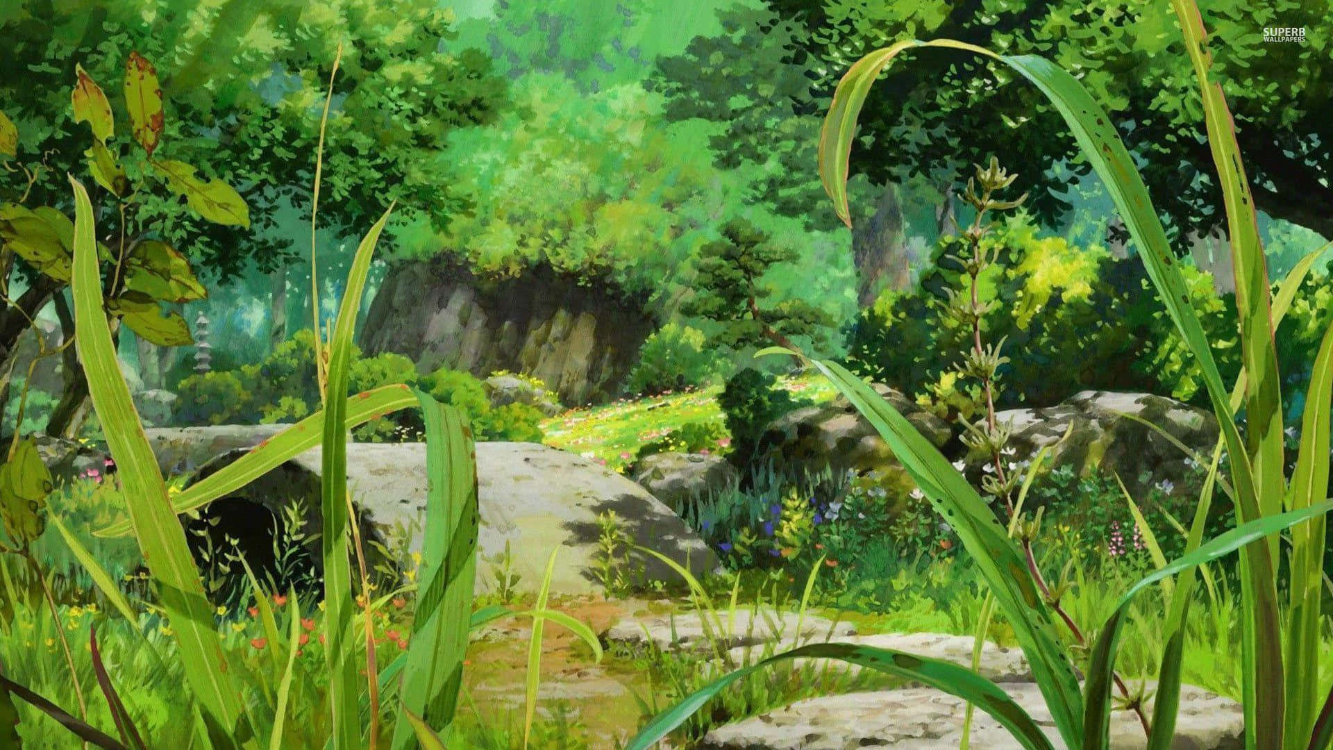 Anime Forest 桌布 壁紙 — 一條陽光普照的森林小徑蜿蜒穿過茂密的綠色樹葉和野花，上方是色彩繽紛的樹冠。