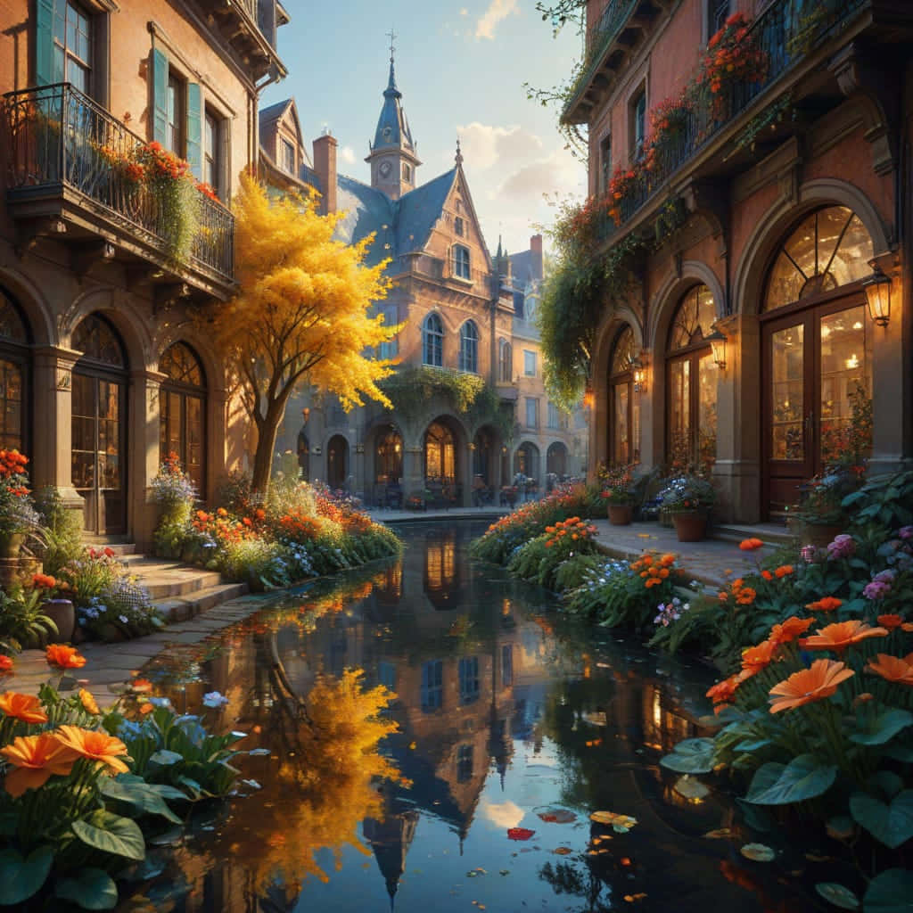 town 壁紙 — 一條陽光普照的歐洲運河，兩旁是佈滿鮮花的陽台和歷史建築，一棵充滿活力的黃色樹木在水面上投下倒影。