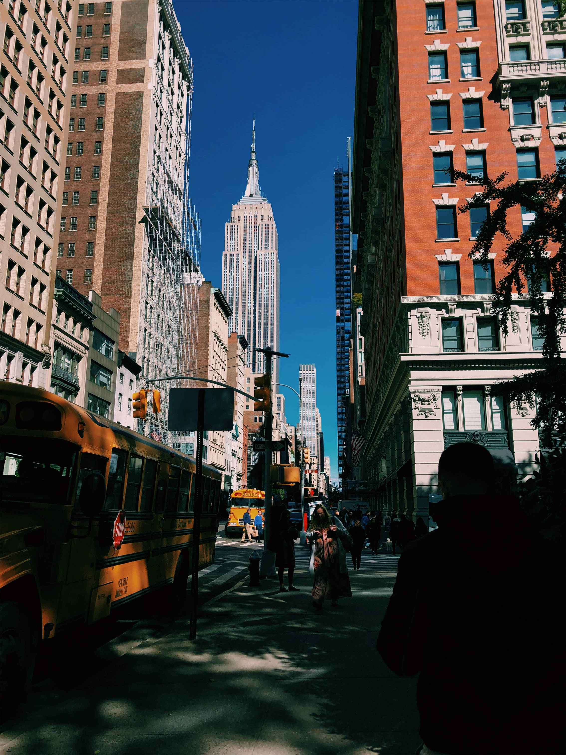 empire state 桌布 壁紙 — 一條陽光普照的紐約市街道，兩旁高樓林立，遠處帝國大廈高聳入雲。