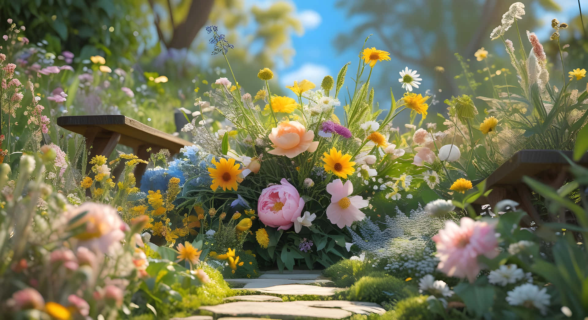 Beautiful and attractive flowers 壁紙 — 一條陽光普照的花園小徑，兩旁種滿鮮豔的野花，並設有木製長椅，上方是清澈的藍天。
