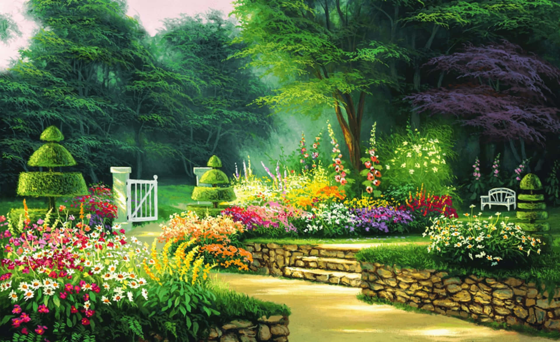 Nature Garden 桌布 壁紙 — 一條陽光普照的花園小徑蜿蜒穿過色彩繽紛的花壇和修剪整齊的樹籬，上方是柔和霧氣籠罩的樹冠。