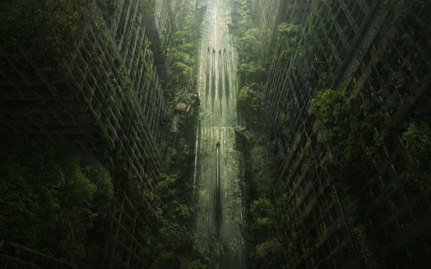 桌布 壁紙 — 一條陽光普照的街道在高聳且長滿植物的摩天大樓之間延伸，孤獨的身影向著光明走去。