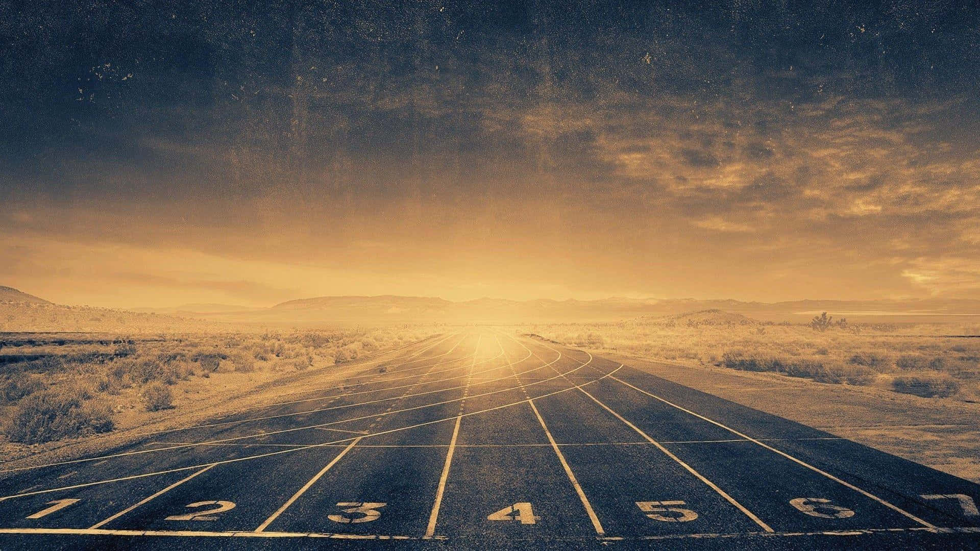 Runway 桌布 壁紙 — 一條陽光普照的跑道，在星空下向著發光的地平線延伸，遠方有山巒。