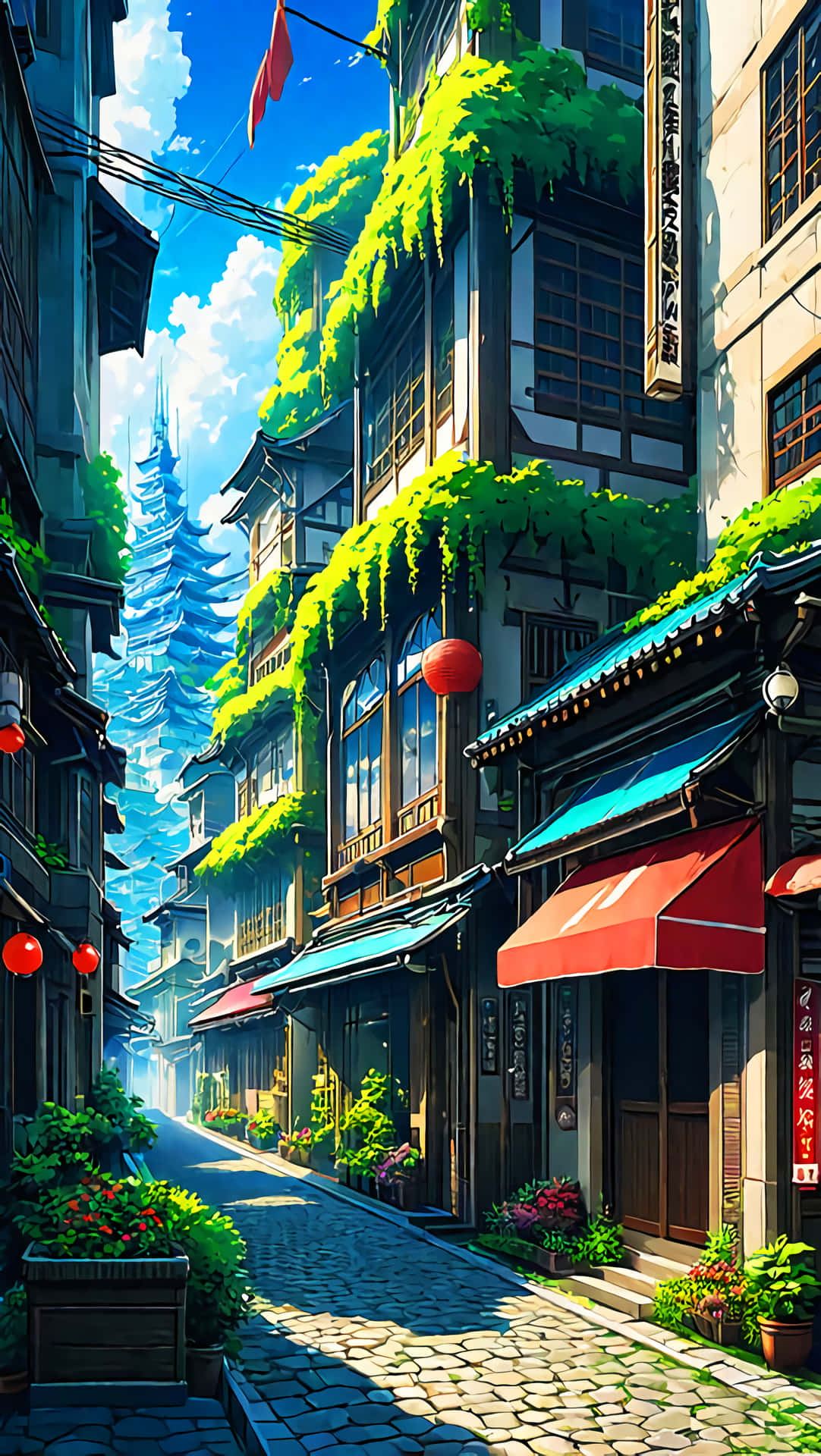 Colorful Anime village Wallpaper 壁紙 — 一條陽光普照的鵝卵石小巷，位於傳統的日本小鎮，建築物上垂掛著茂密的綠色藤蔓，頭頂上掛著紅色燈籠。