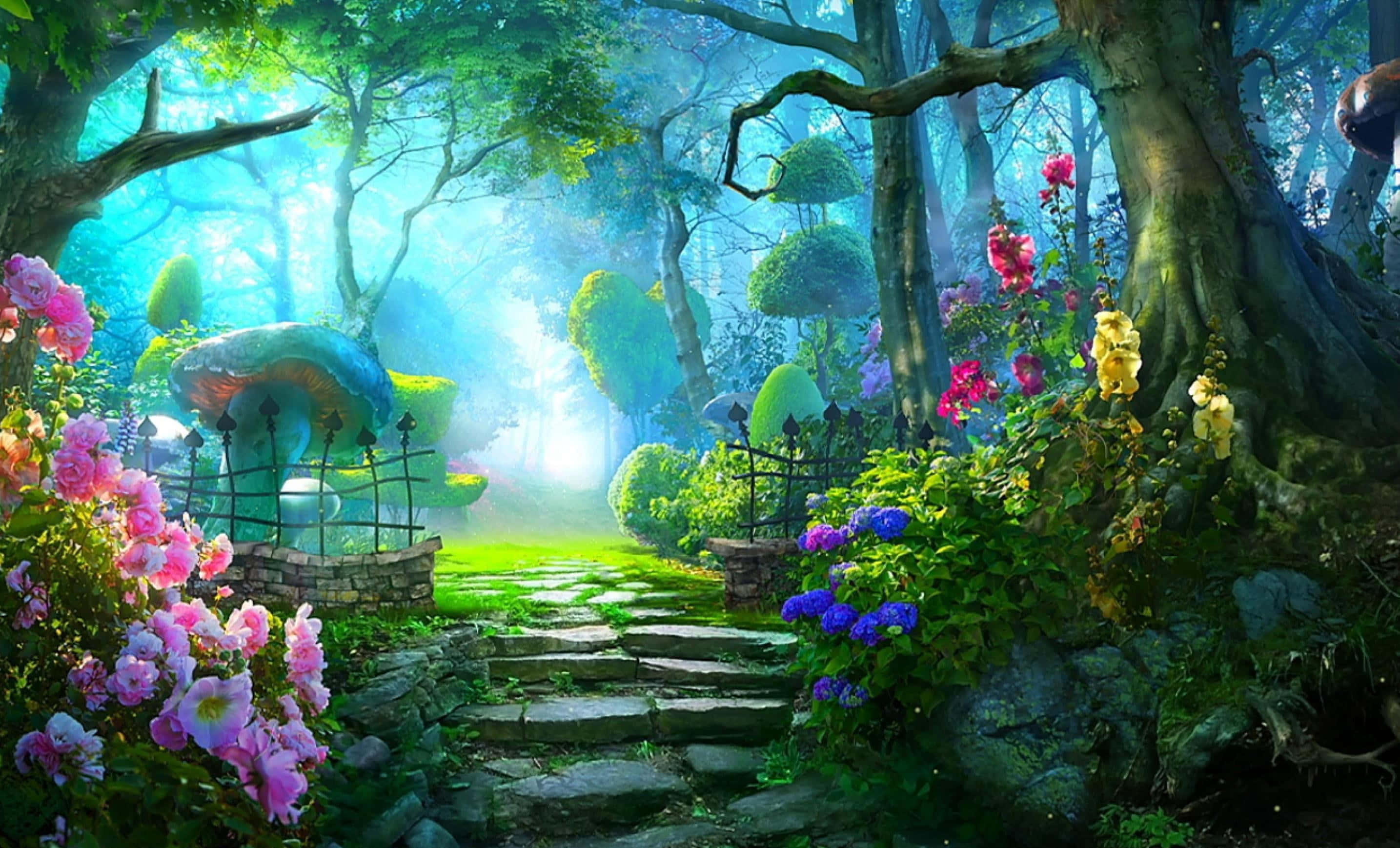 Magical Forest 桌布 壁紙 — 一條陽光照耀的石徑蜿蜒穿過茂密的魔法森林，在綠樹成蔭下，粉紅色、紫色和黃色的花朵盛開。