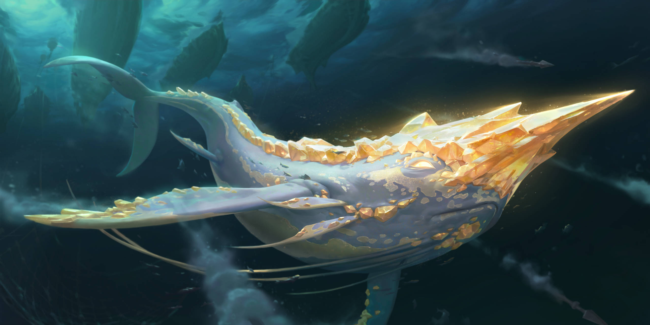 Narwhal 桌布 壁紙 — 一條雄偉發光的鯨魚，帶有金色水晶狀脊骨，優雅地游過深海。