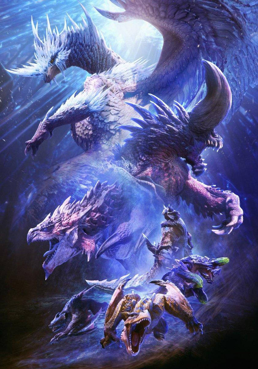 monster hunter iPhone 桌布 壁紙 — 一條雄偉的冰龍在深藍色水下王國的怪物漩渦上方翱翔。