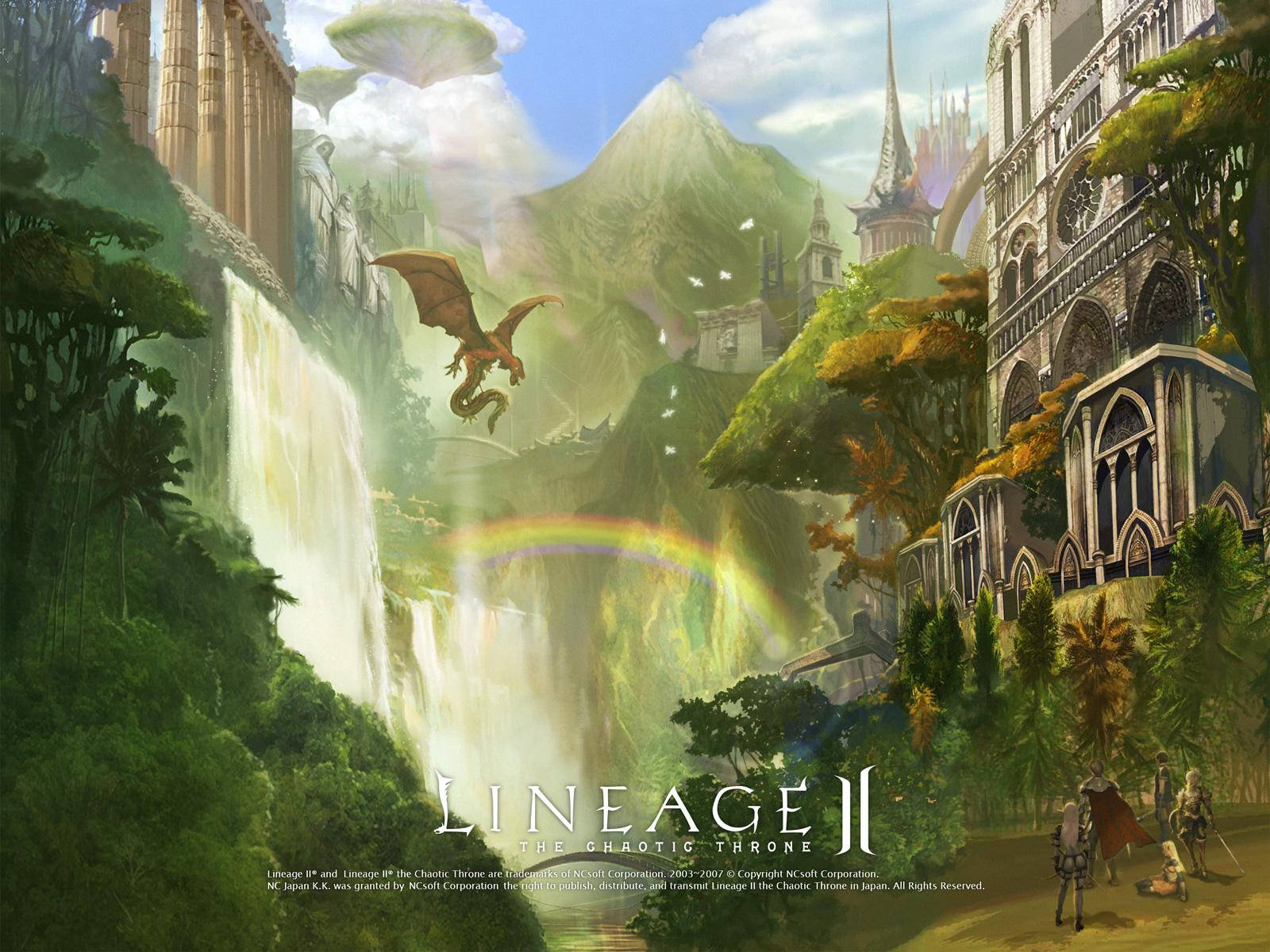 game 桌布 壁紙 — 一條雄偉的巨龍在瀑布上方翱翔，瀑布下方有一道鮮豔的彩虹，橫跨在古老的奇幻城堡和翠綠的山巒之間。