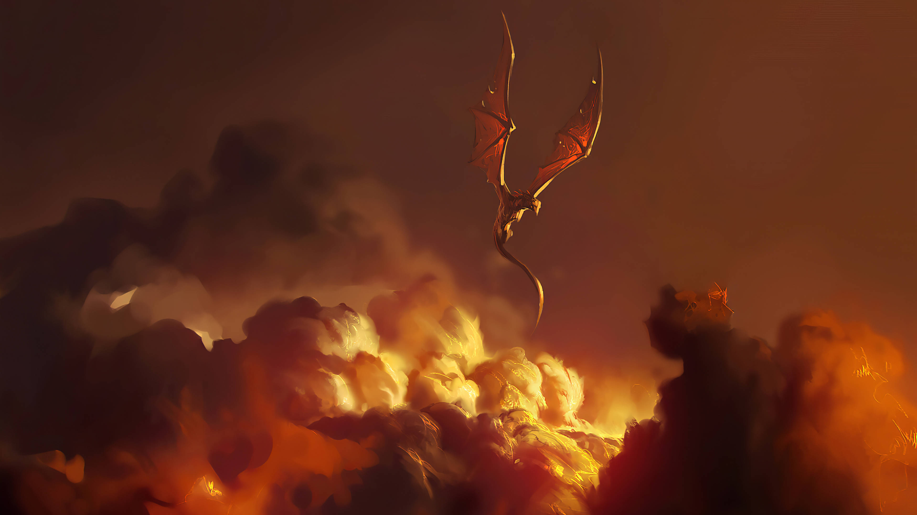 龍 桌布 壁紙 — 一條雄偉的巨龍在火紅的雲層之上翱翔，背景是戲劇性的日落天空，帶有發光的橙色和深色煙霧。