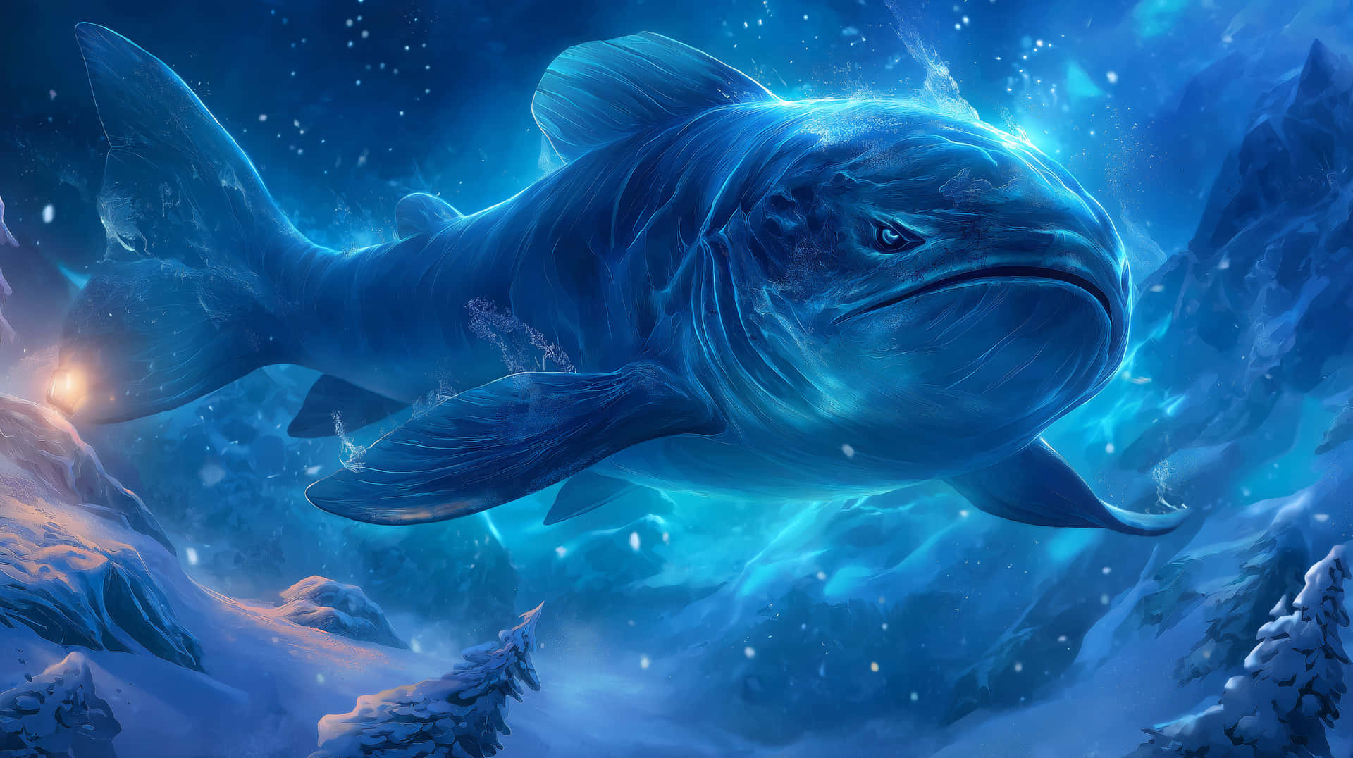 Mysterious Giant Fish in Sub-Zero Arctic Waters 壁紙 — 一條雄偉的發光藍鯨在冰雪覆蓋的山脈和漂浮顆粒的冰冷水下洞穴中游動。