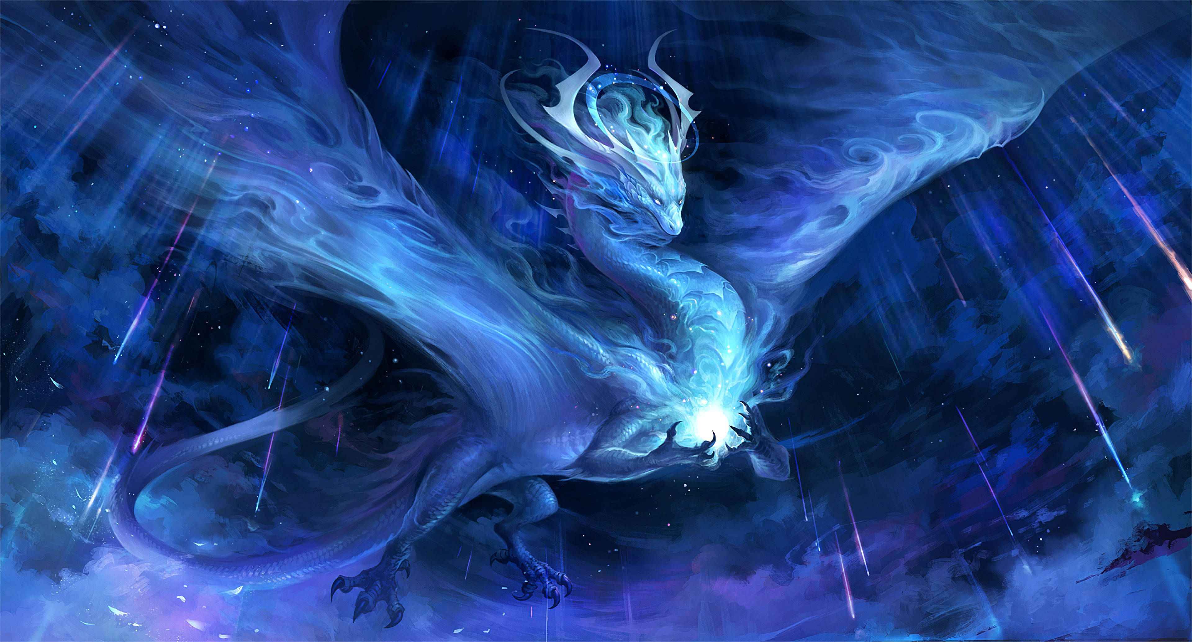 龍 桌布 壁紙 — 一條雄偉的發光藍龍在宇宙風暴中翱翔，從其爪子中迸發出輻射能量。