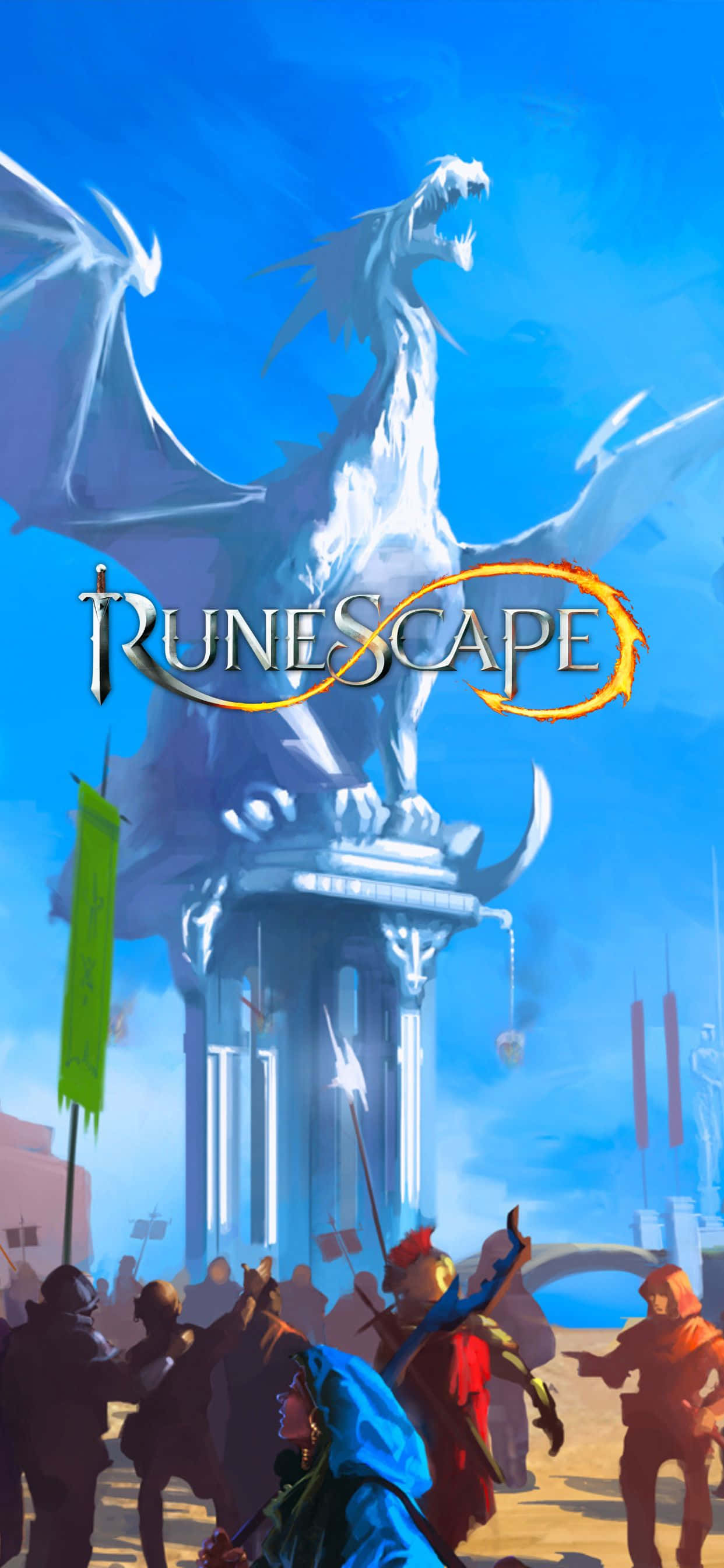 iPhone Xs Max Runescape 桌布 壁紙 — 一條雄偉的白龍在石紀念碑上空翱翔，冒險者們聚集在下方陽光普照的幻想小鎮。