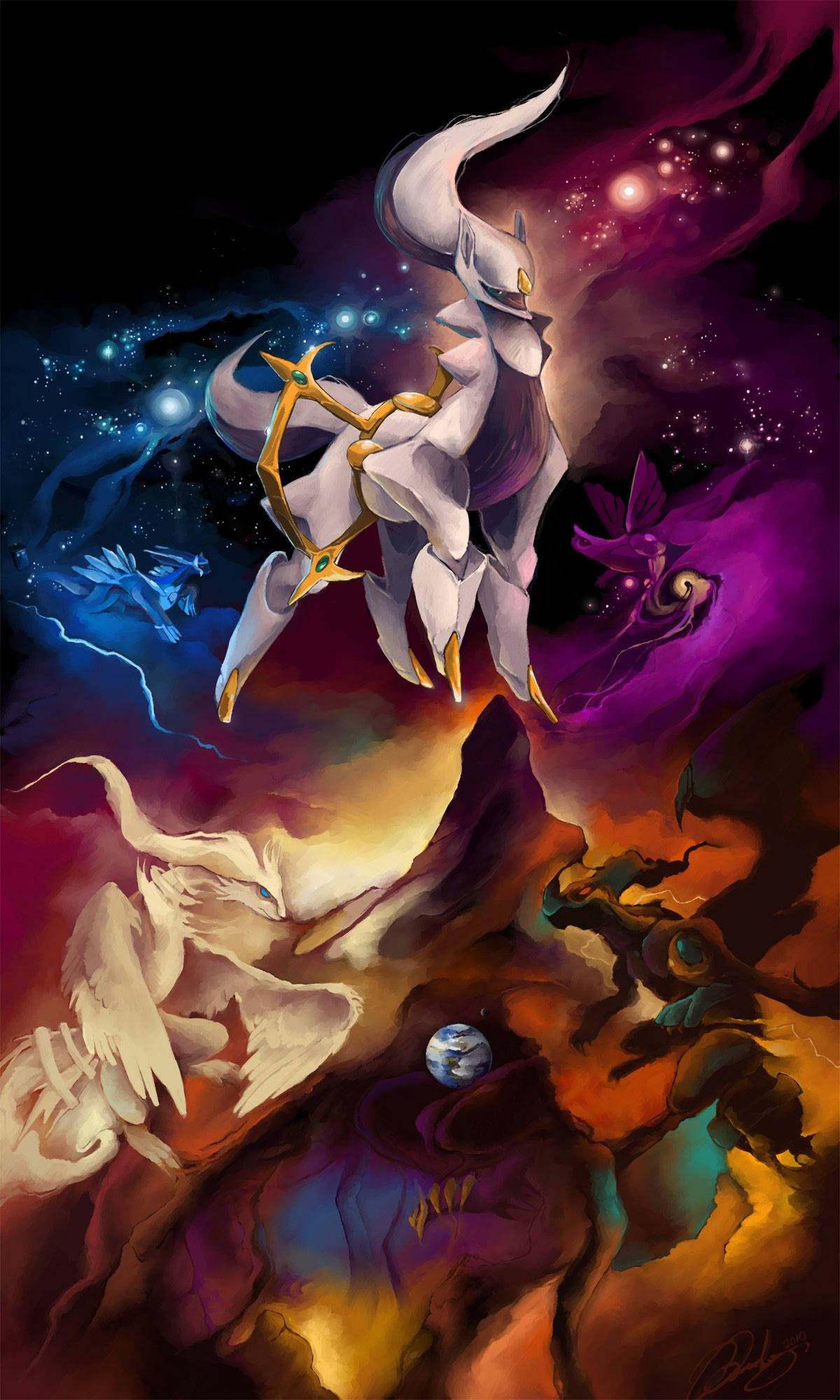 阿爾宙斯 桌布 壁紙 — 一條雄偉的白龍在紫色和金色的雲層宇宙風暴中翱翔，下方有閃爍的星星和一顆小行星。