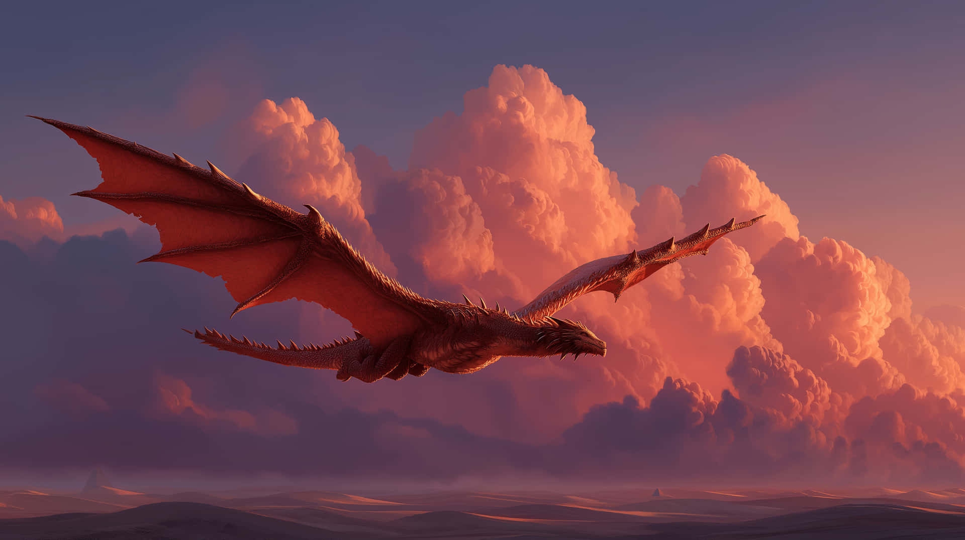 Majestic Dragon Flying Over Desert at Sunset 壁紙 — 一條雄偉的紅龍在戲劇性的日落天空中翱翔，天空充滿高聳的橙色雲彩，下方是廣闊的沙漠景觀。