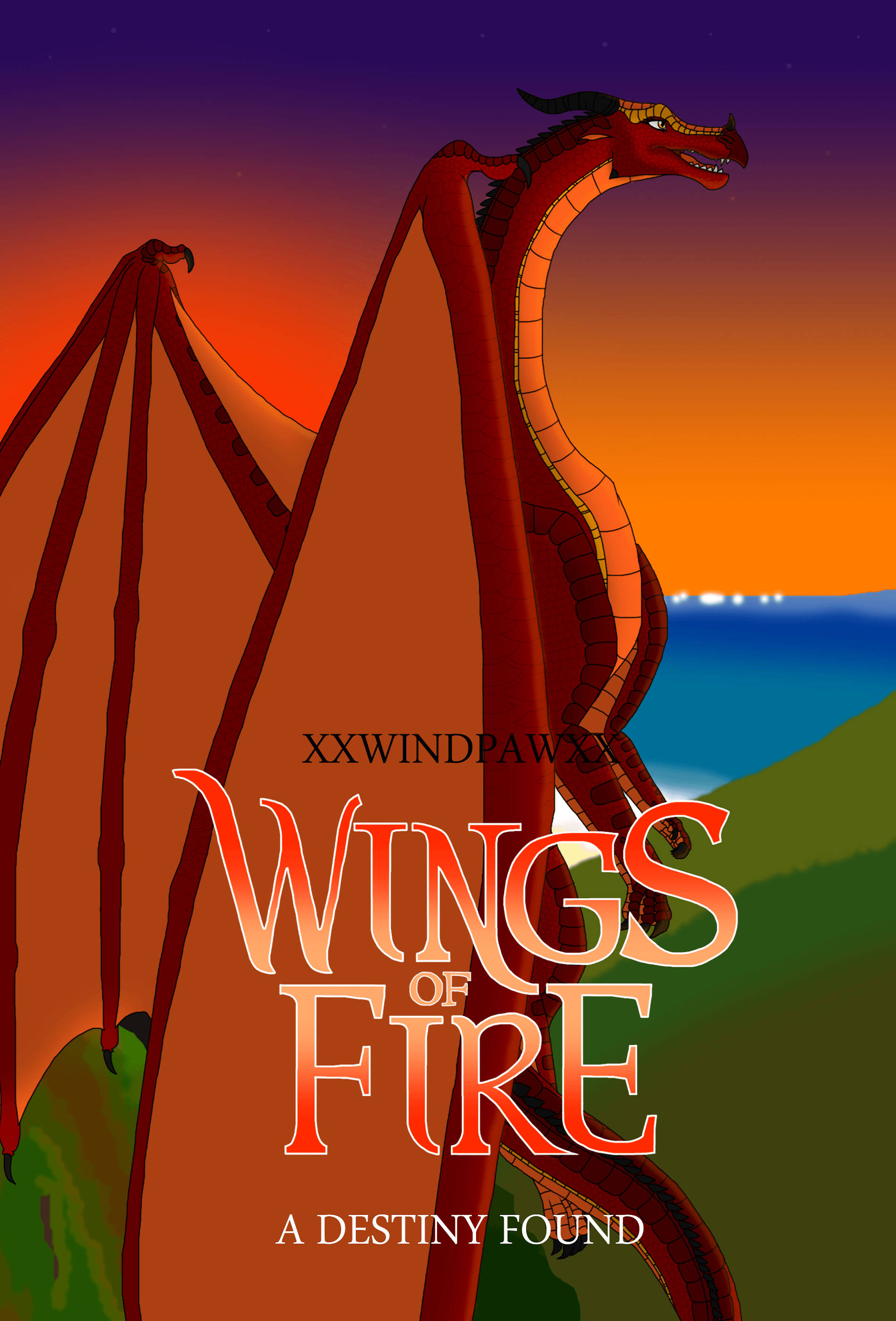 Wings Of Fire 桌布 壁紙 — 一條雄偉的紅龍在火紅的日落天空下翱翔，越過起伏的綠色山丘和海洋。