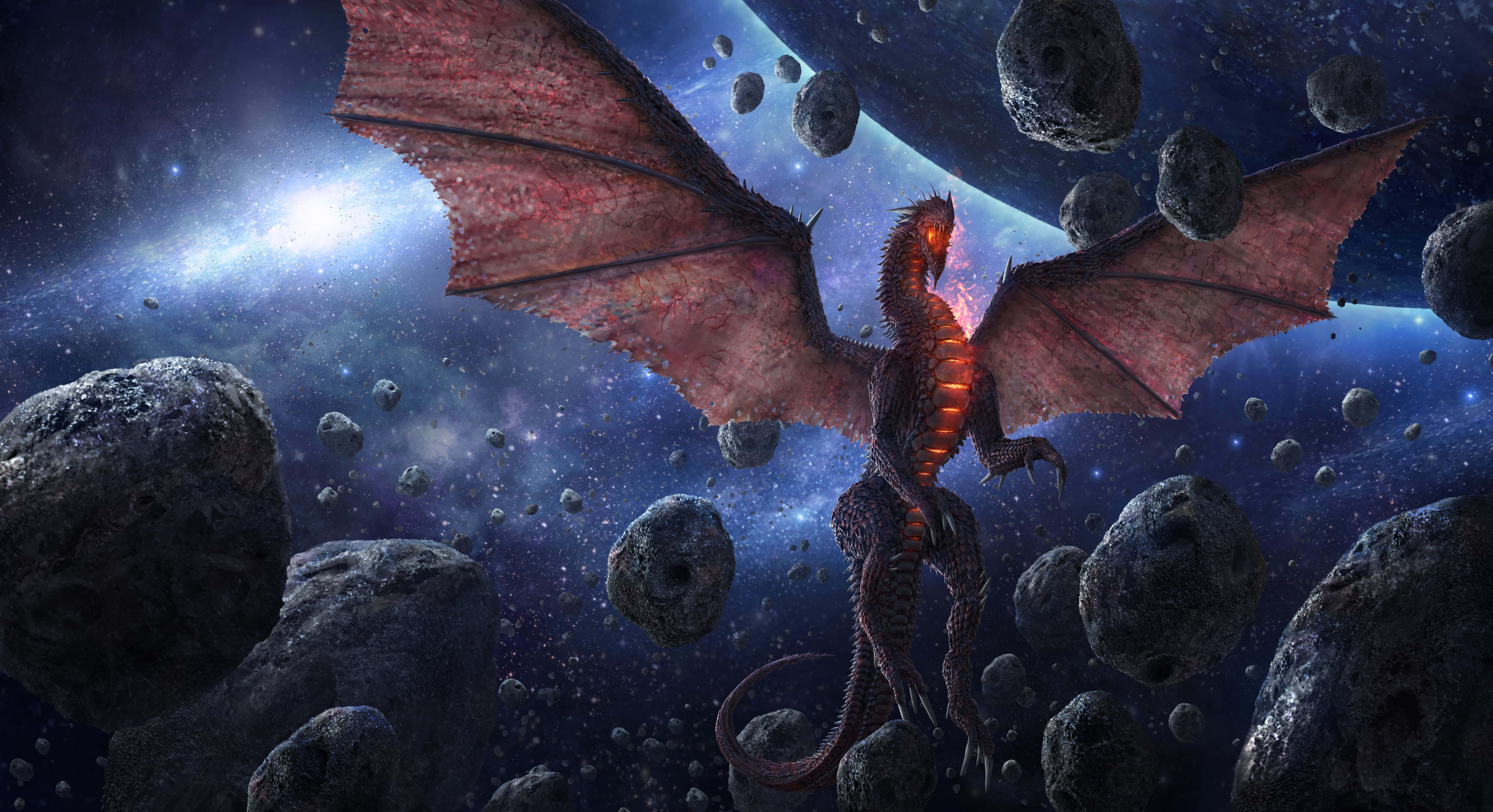 Mythical Dragon 桌布 壁紙 — 一條雄偉的紅龍在繁星點點的宇宙虛空中翱翔，周圍環繞著漂浮的小行星和發光的星雲。