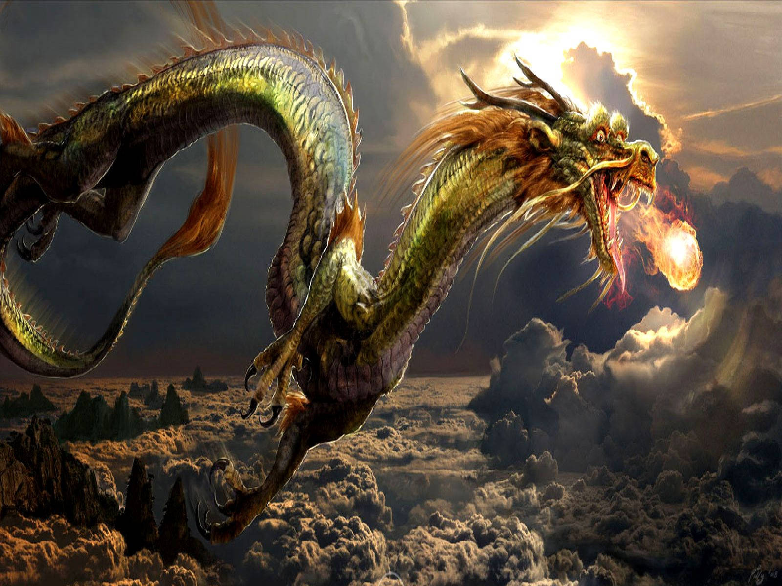 日式龍 桌布 壁紙 — 一條雄偉的綠色巨龍在崎嶇景觀上空的暴風雲中翱翔，對著戲劇性的日落天空噴火。