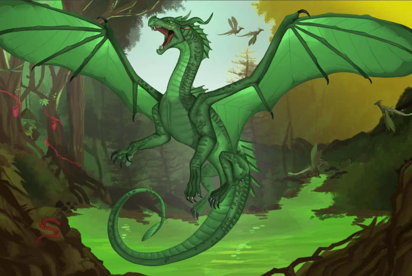 Wings Of Fire 桌布 壁紙 — 一條雄偉的綠色巨龍張開翅膀，在發光的森林溪流上空翱翔，附近有較小的龍在飛翔。
