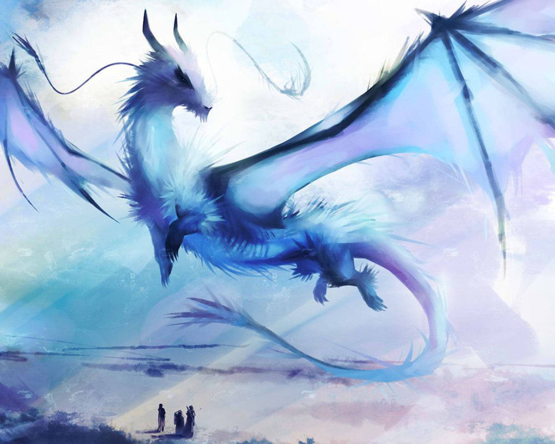 Ice Dragon 桌布 壁紙 — 一條雄偉的藍白龍在遠方風景上空優雅地翱翔，下方三個小人影敬畏地仰望。