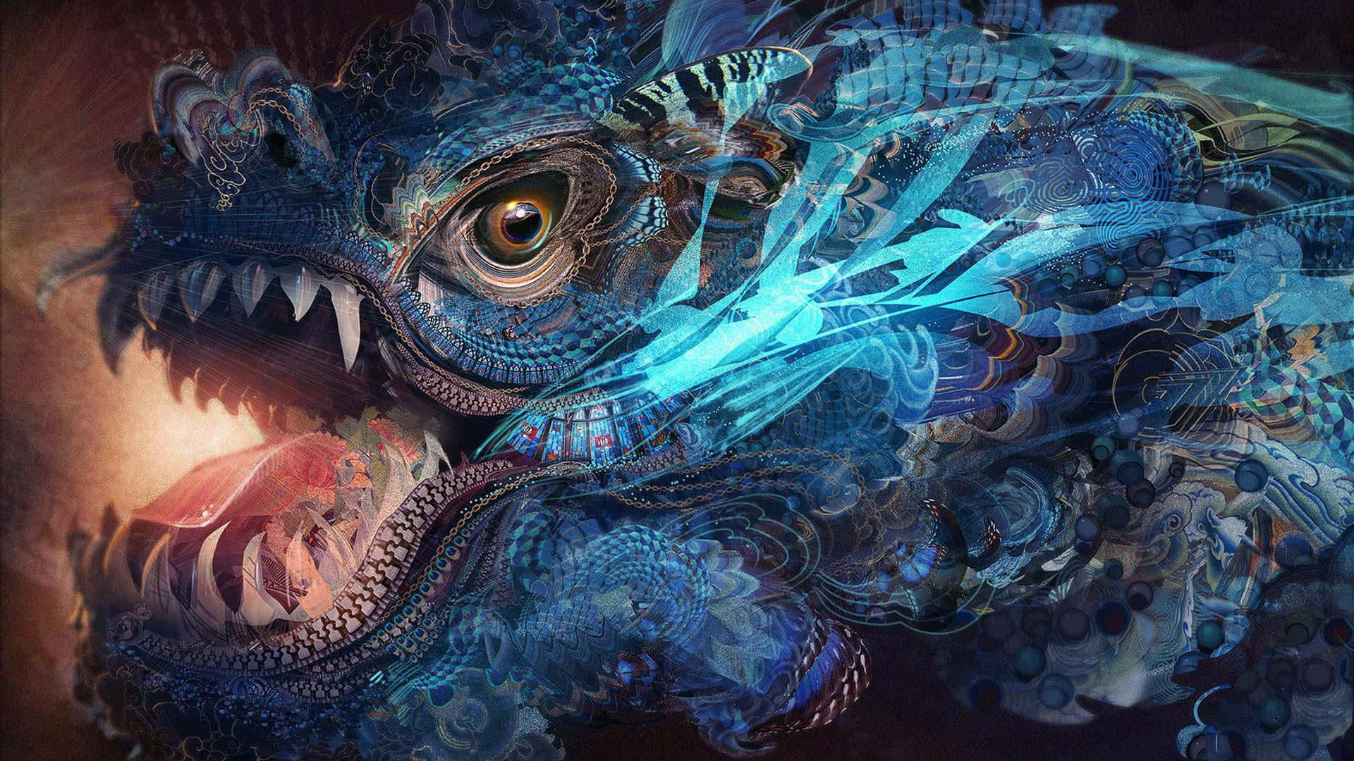 Trippy Blue 桌布 壁紙 — 一條雄偉的藍色巨龍，帶有複雜的圖案和發光的眼睛，在暖色調的背景上兇猛地咆哮。